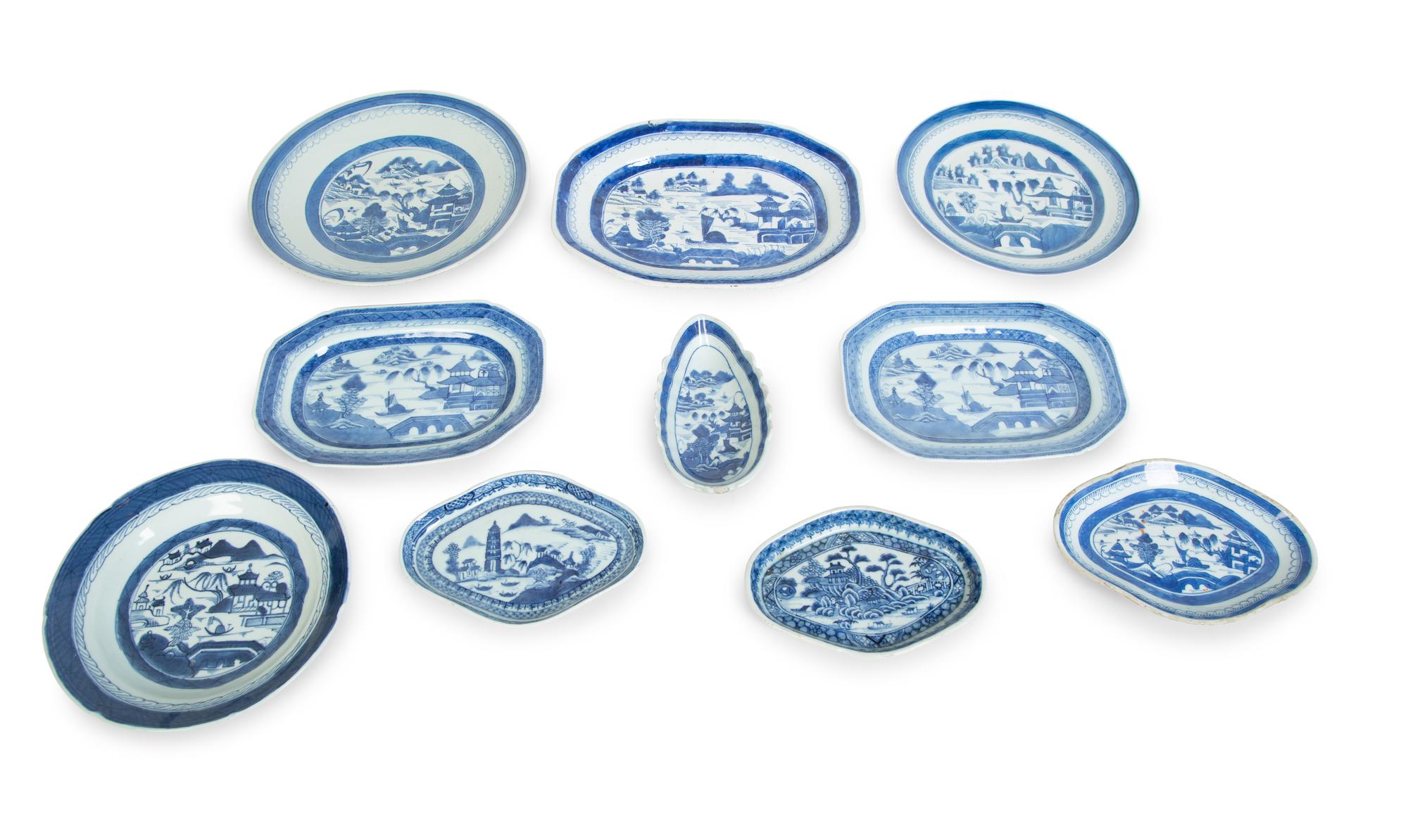 A Collection of Chinese Export Blue and White Canton Porcelain Plates and Serving Dishes — CIRCA 1820