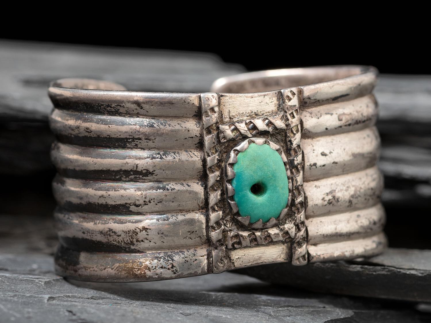 Navajo Ingot Cuff Bracelet, with Drilled Turquoise Stone, Collected by Hoffman Birney (1891-1958)