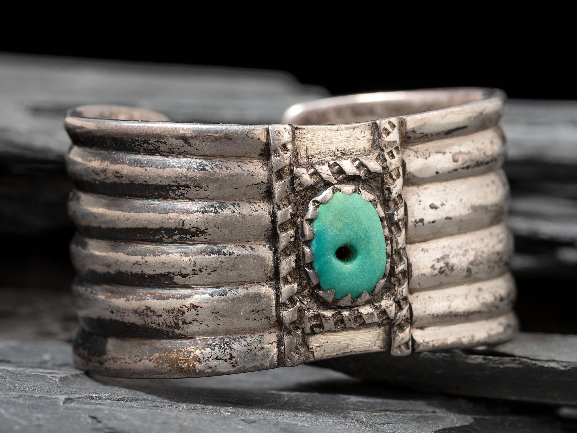 Navajo Ingot Cuff Bracelet, with Drilled Turquoise Stone, Collected by Hoffman Birney (1891-1958)