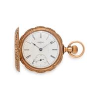 ELGIN, 14K YELLOW GOLD AND ENAMEL HUNTER CASE POCKET WATCH