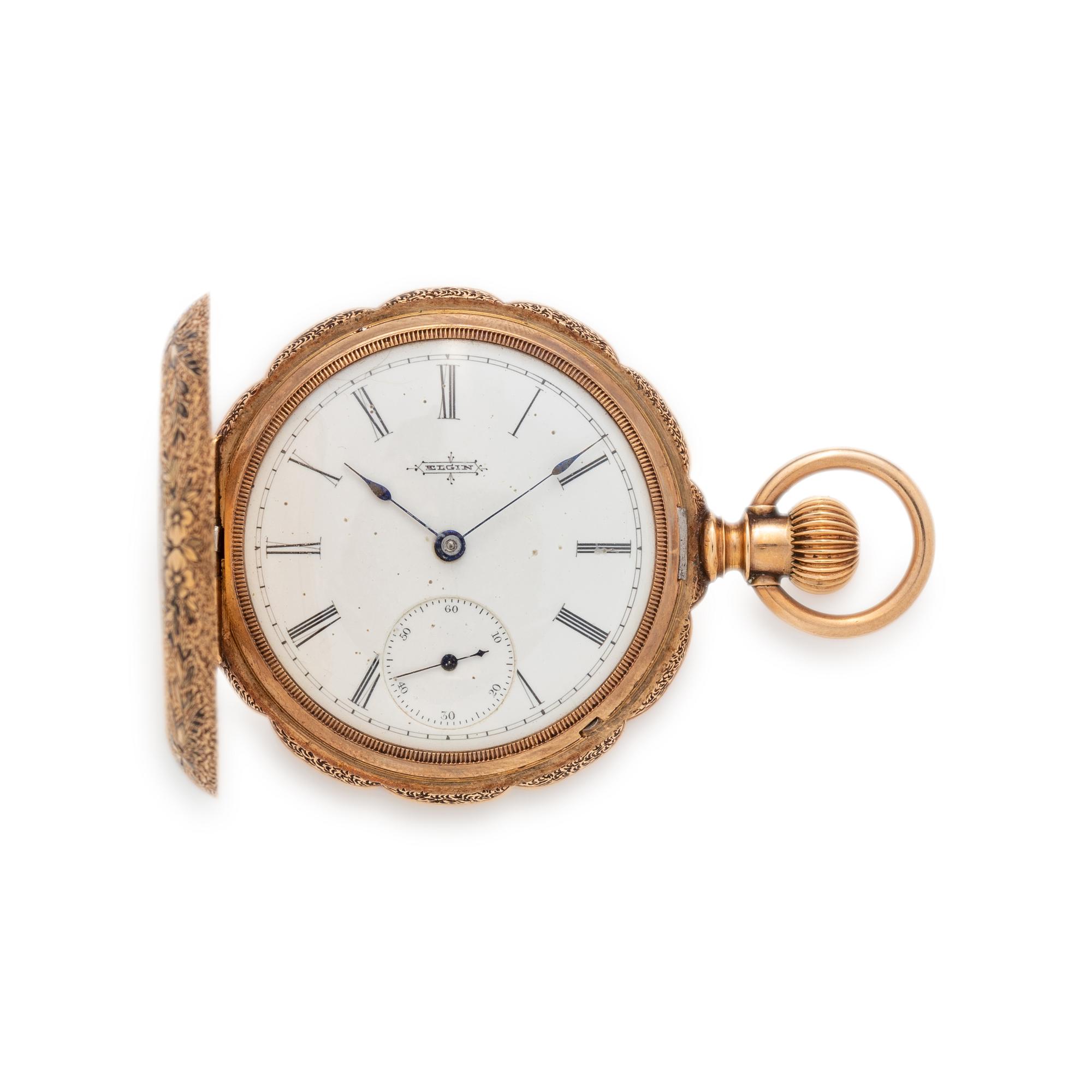 ELGIN, 14K YELLOW GOLD AND ENAMEL HUNTER CASE POCKET WATCH