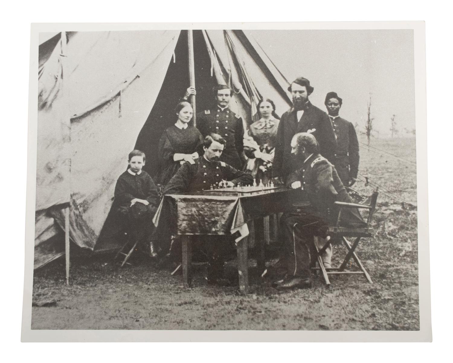 Civil War chess board and accompanying pieces. Hills National Chess Board, 1862.