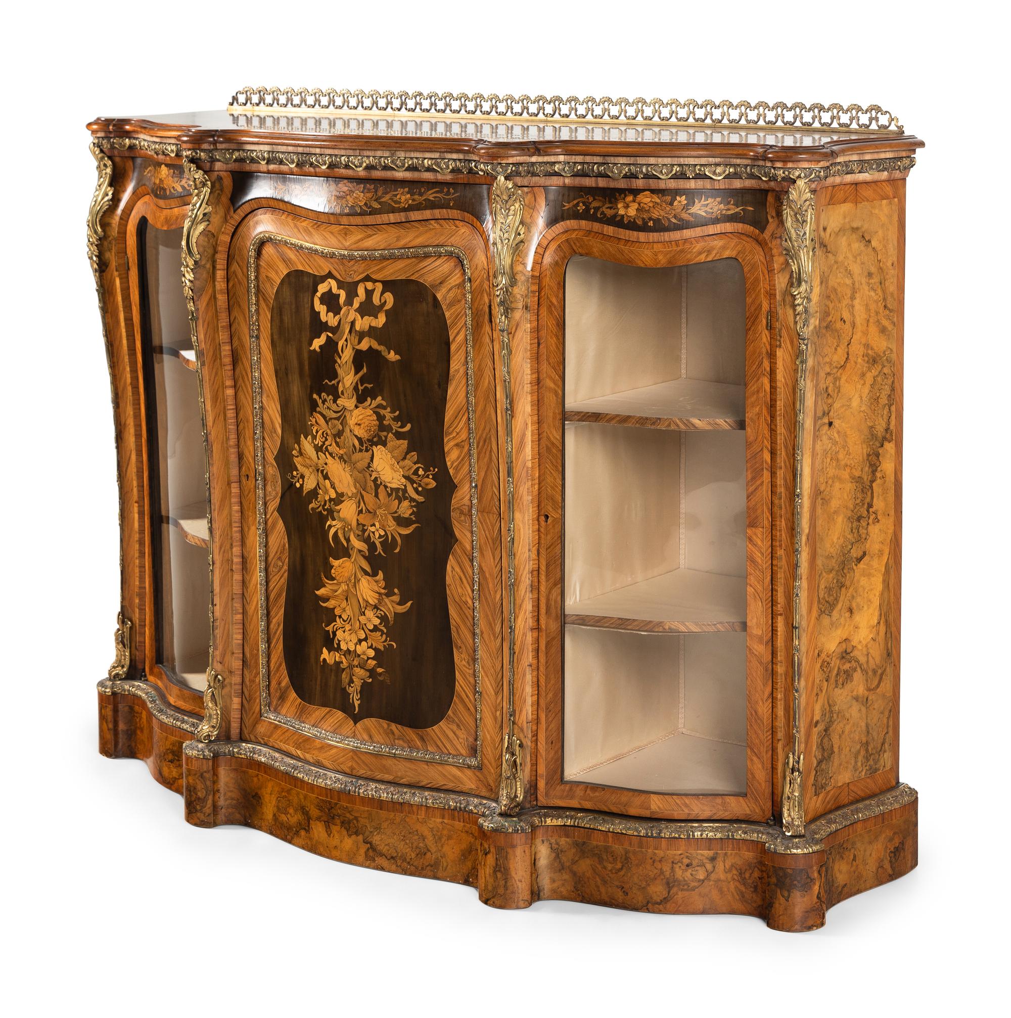 A Victorian Gilt Bronze Mounted Walnu t, Crossbanded Kingwood and Floral Marquetry Console Cabinet