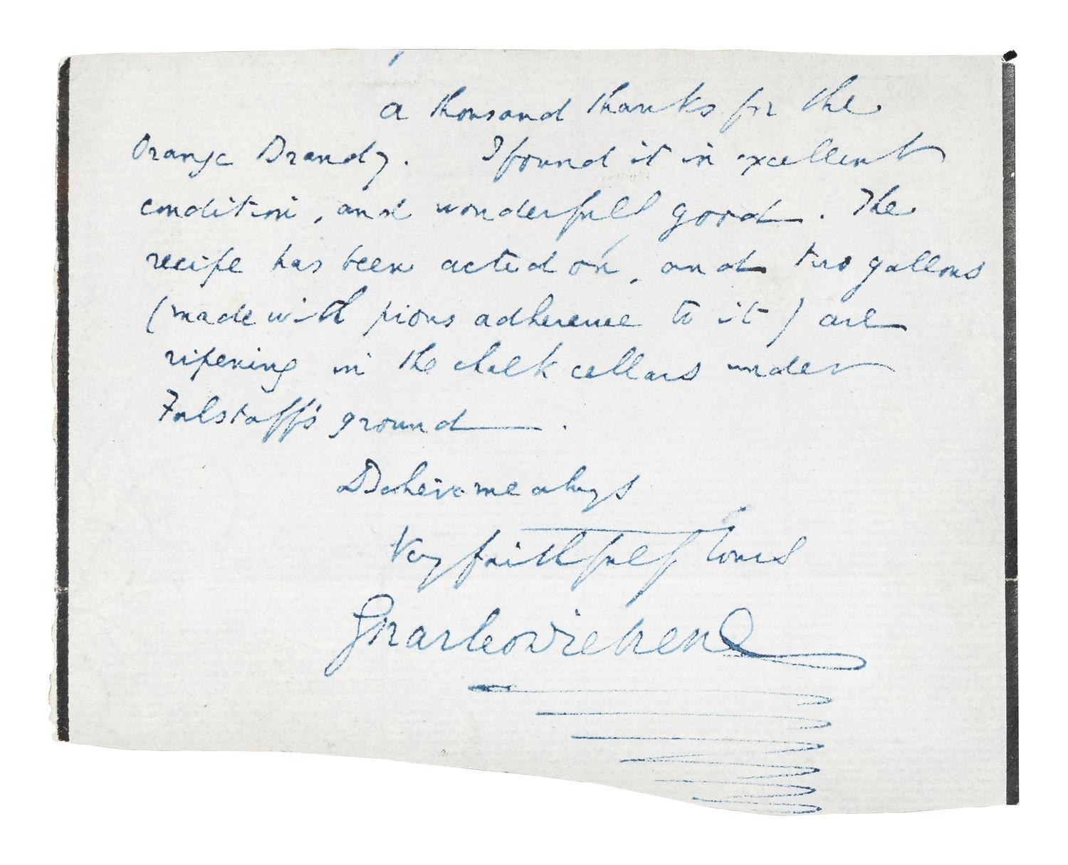 DICKENS, Charles (1812-1870). Fragment of an autograph letter signed (“Charles Dickens”), to an unknown recipient, n.d.