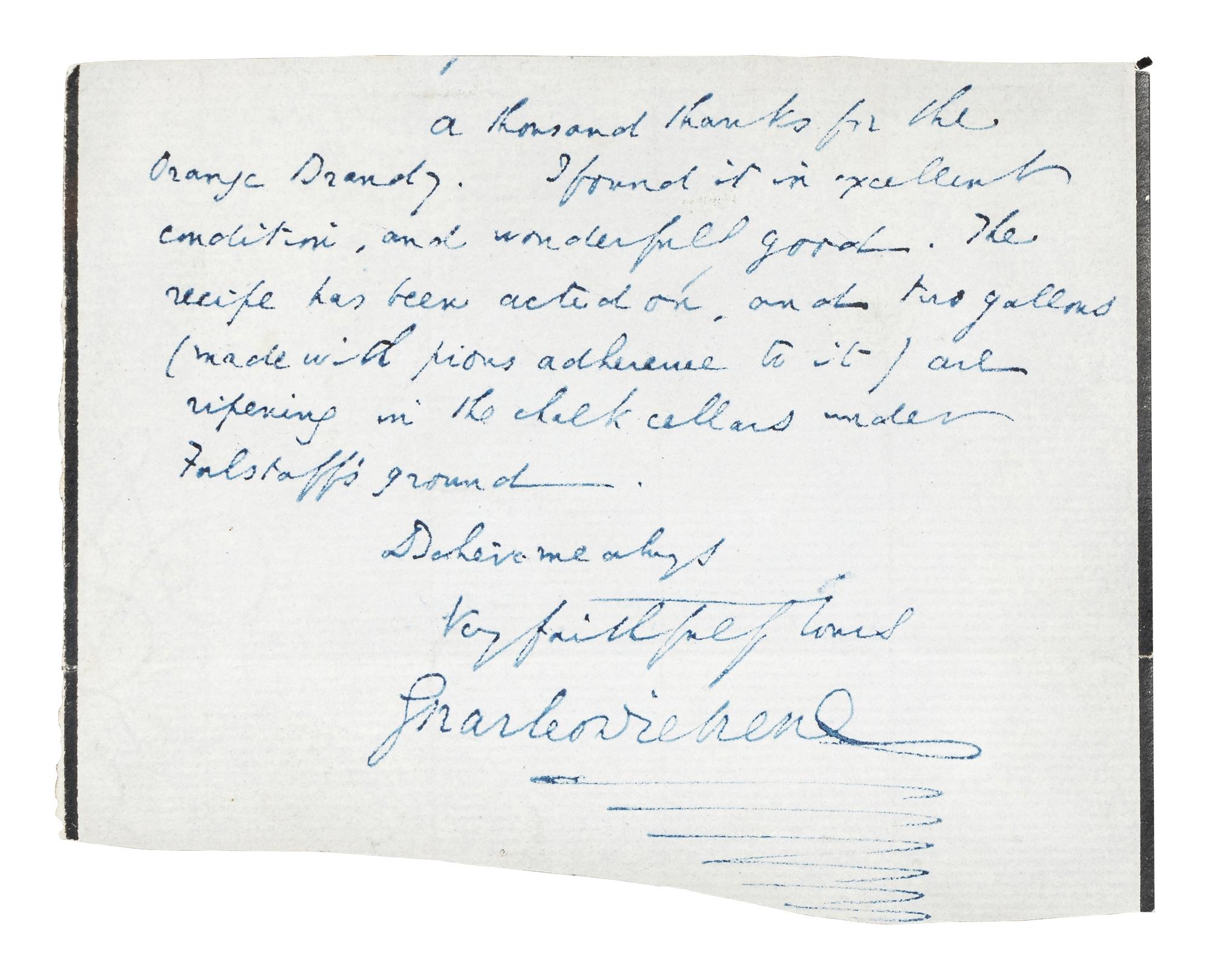 DICKENS, Charles (1812-1870). Fragment of an autograph letter signed (“Charles Dickens”), to an unknown recipient, n.d.