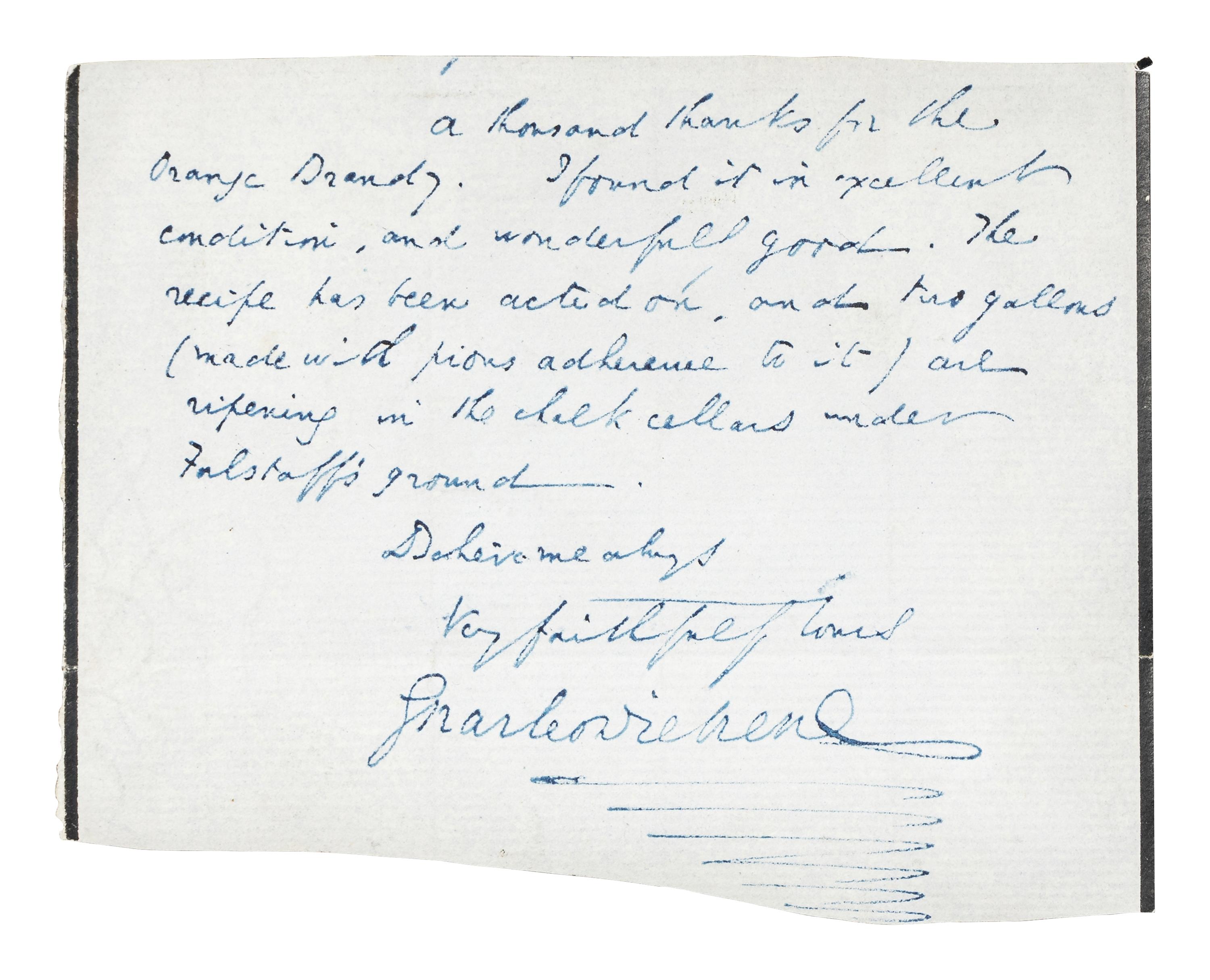 DICKENS, Charles (1812-1870). Fragment of an autograph letter signed (“Charles Dickens”), to an unknown recipient, n.d.