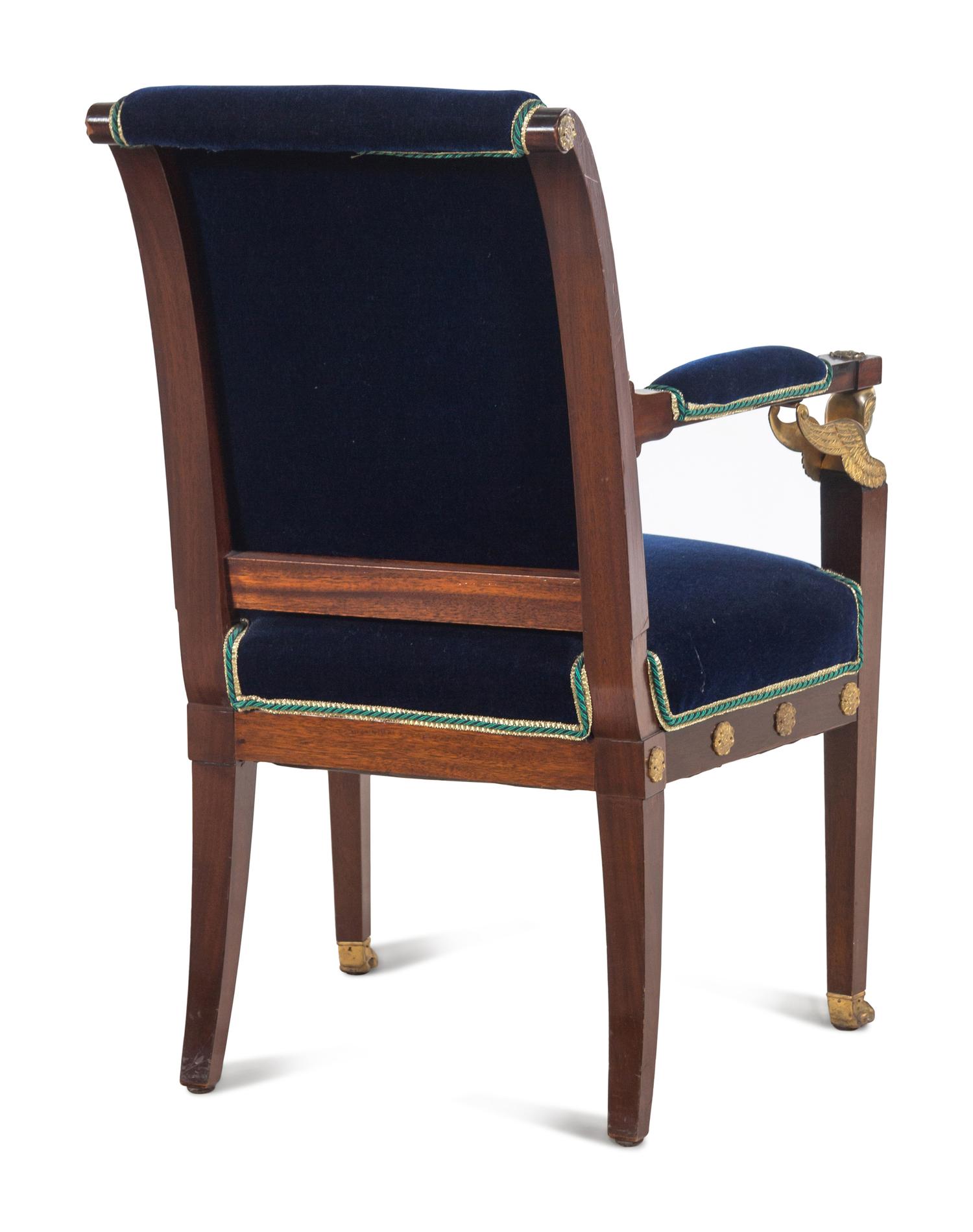 An Empire Style Gilt Bronze Mounted Velvet-Upholstered Mahogany Fauteuil