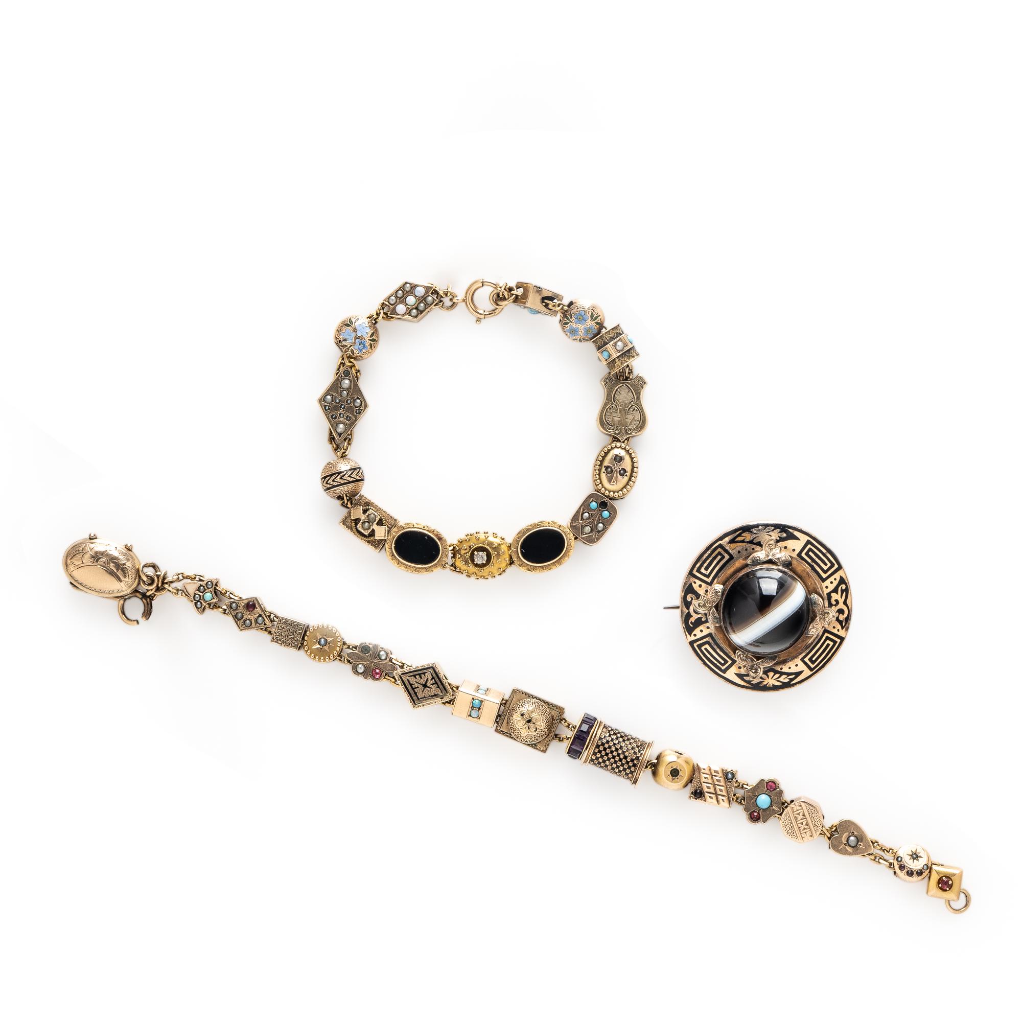 Two Low Karat Yellow Gold Slide Bracelets and a Mourning Brooch