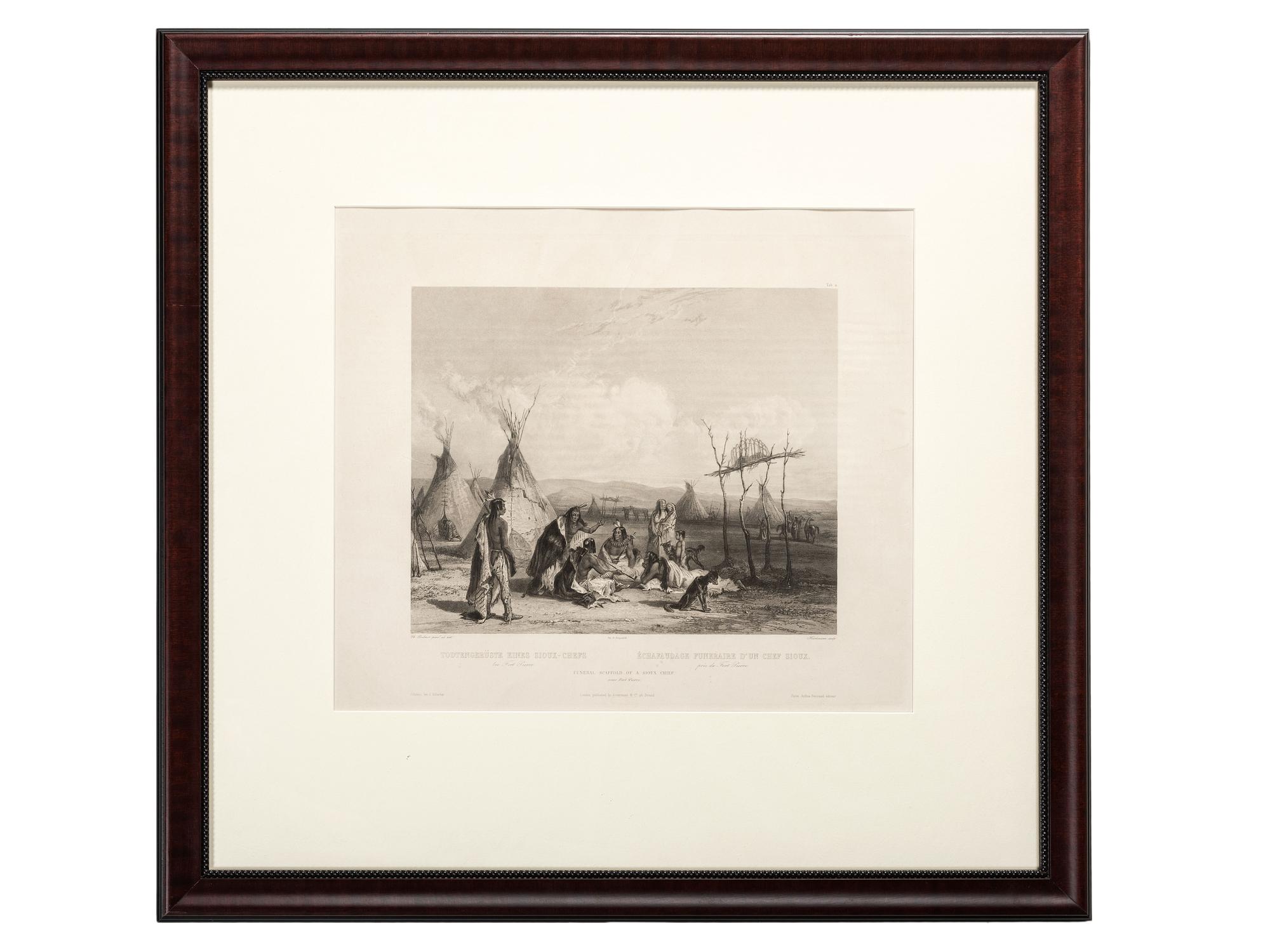 [NATIVE AMERICANS]. BODMER, Karl (1809-1893). ACKERMAN & Co., publisher. Funeral Scaffold of a Sioux Chief near Fort Pierre.