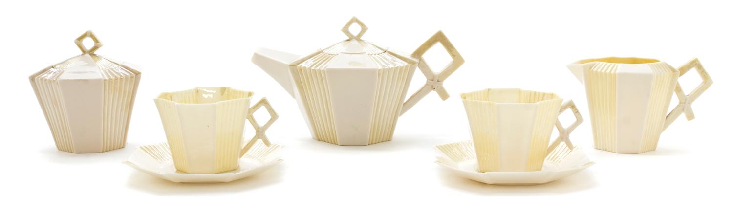 A Belleek Fan Tea Service, Width of teapot 8 1/2 inches.