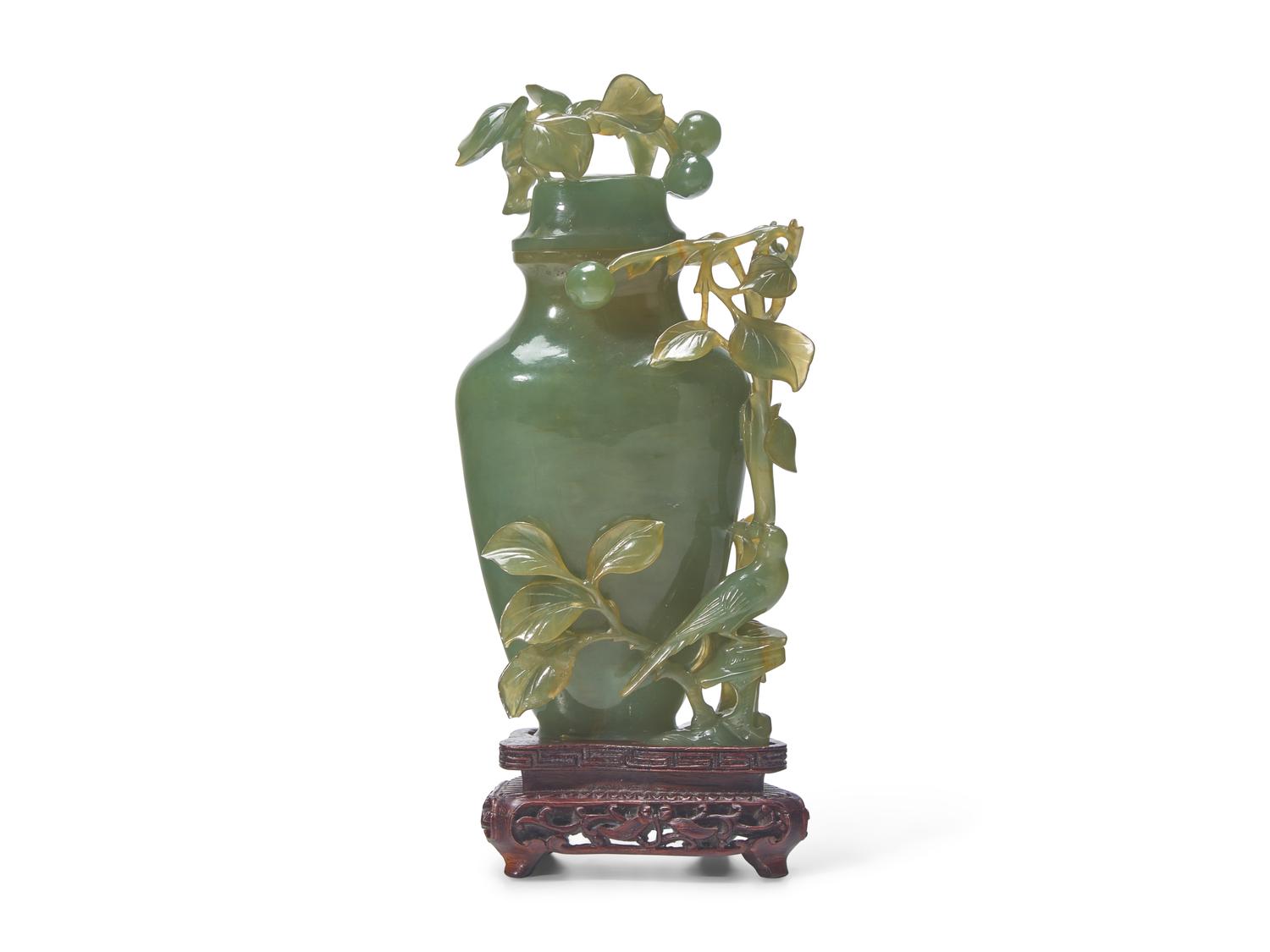 A Chinese Carved Celadon Hardstone "Bird and Fruits" Flower Vase and Cover