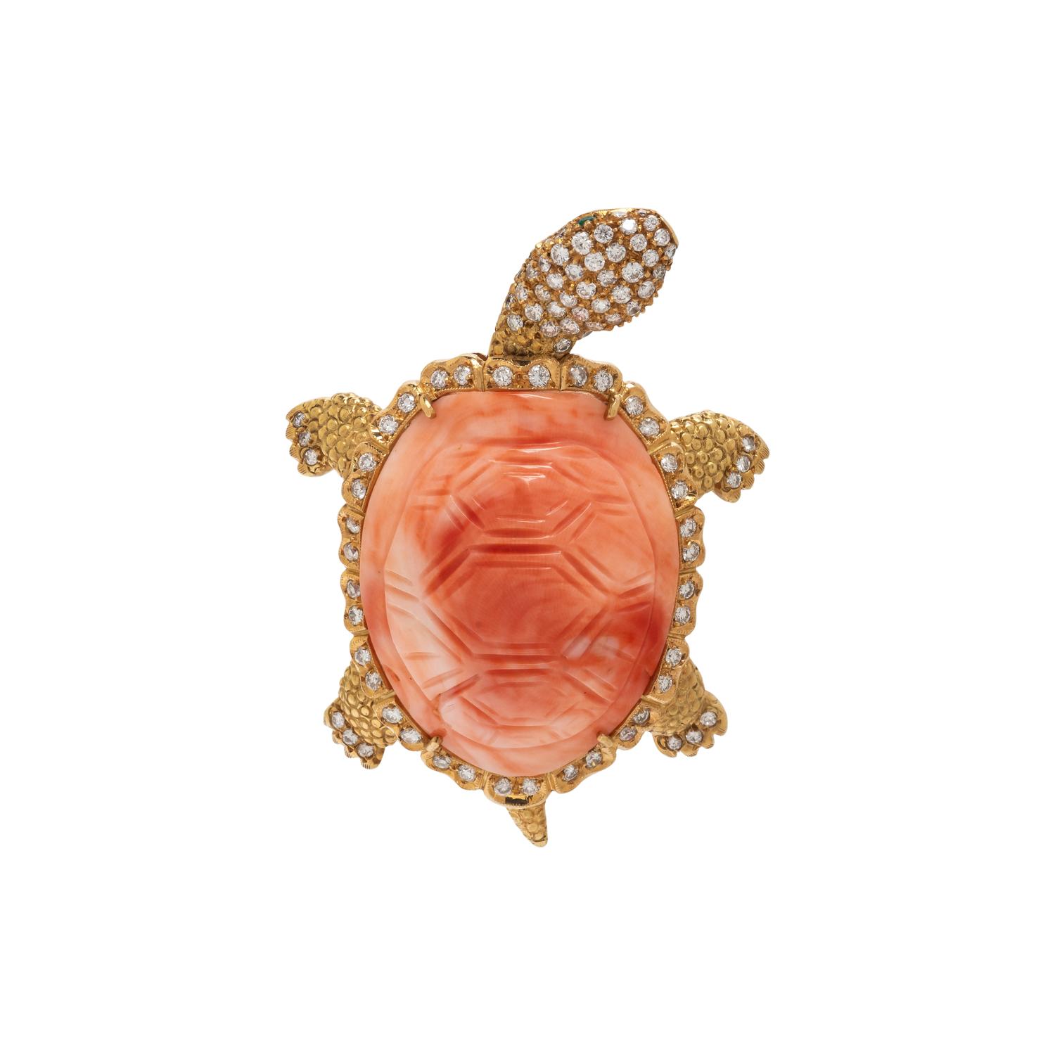YELLOW GOLD, CORAL, AND DIAMOND ARTICULATED TURTLE BROOCH