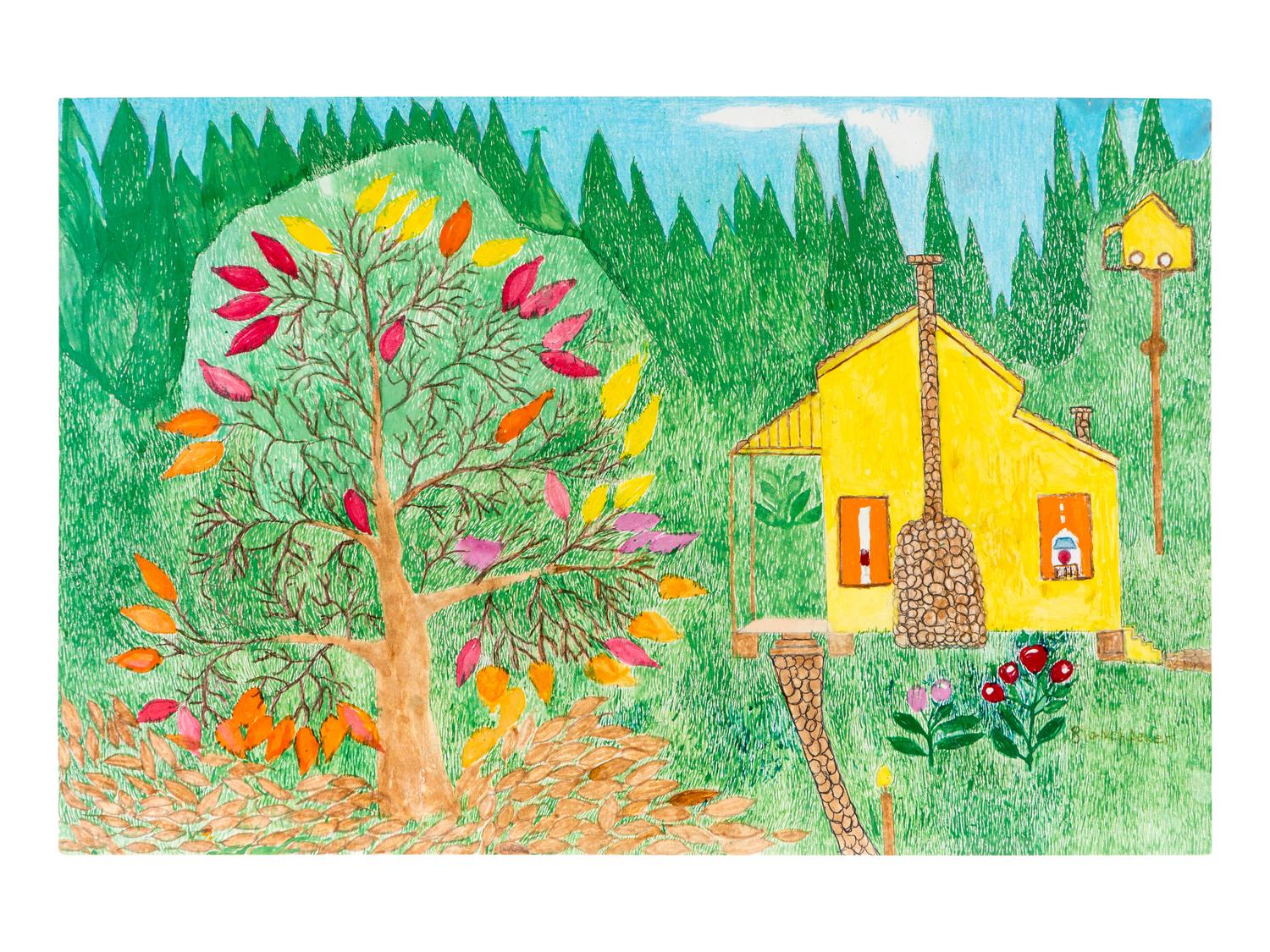 Untitled (Tree and House and Bird House)