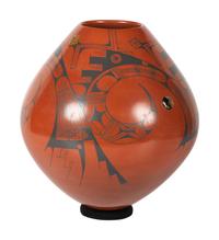 Redware Pottery Vase, with Turquoise and Agate Medallions