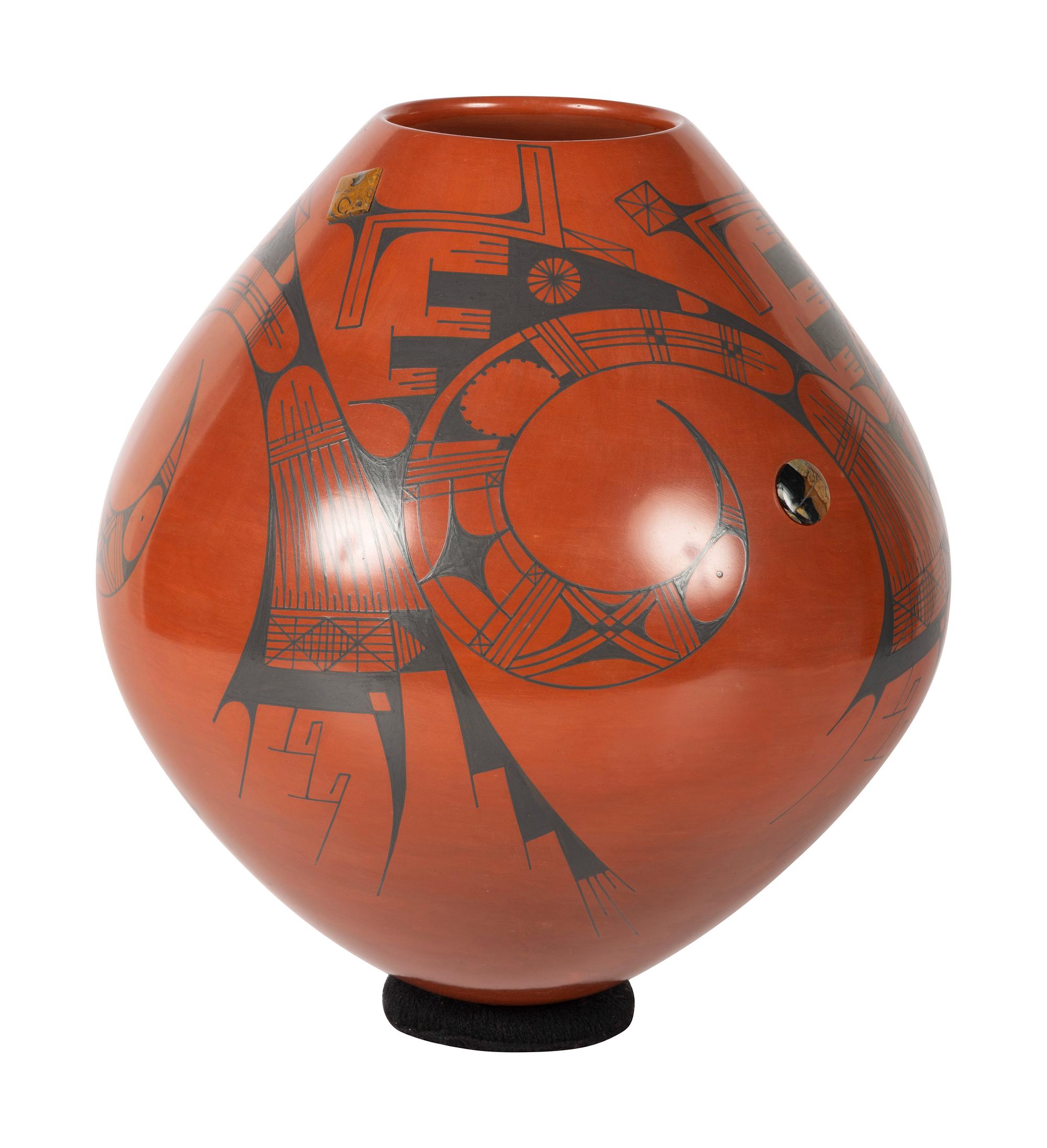 Redware Pottery Vase, with Turquoise and Agate Medallions