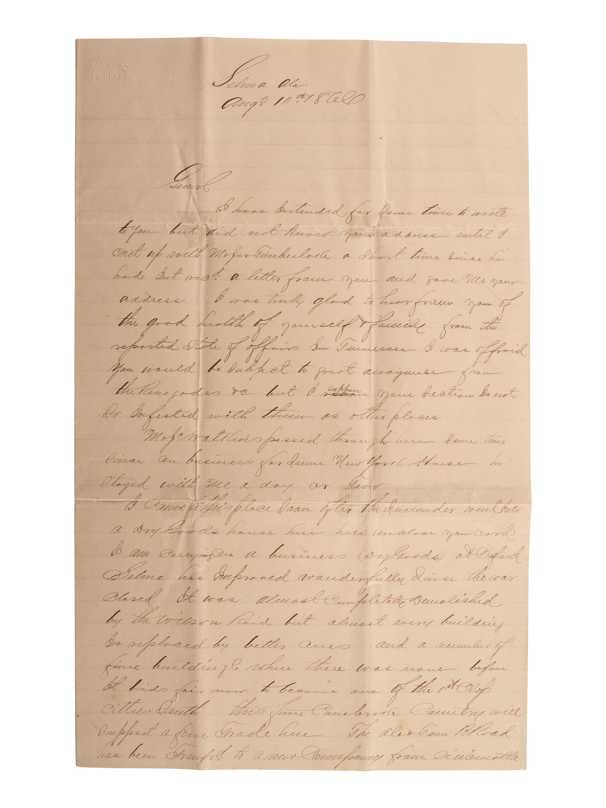 [RECONSTRUCTION]. Letter to a former Confederate General. Selma, Alabama. 10 August 1866.