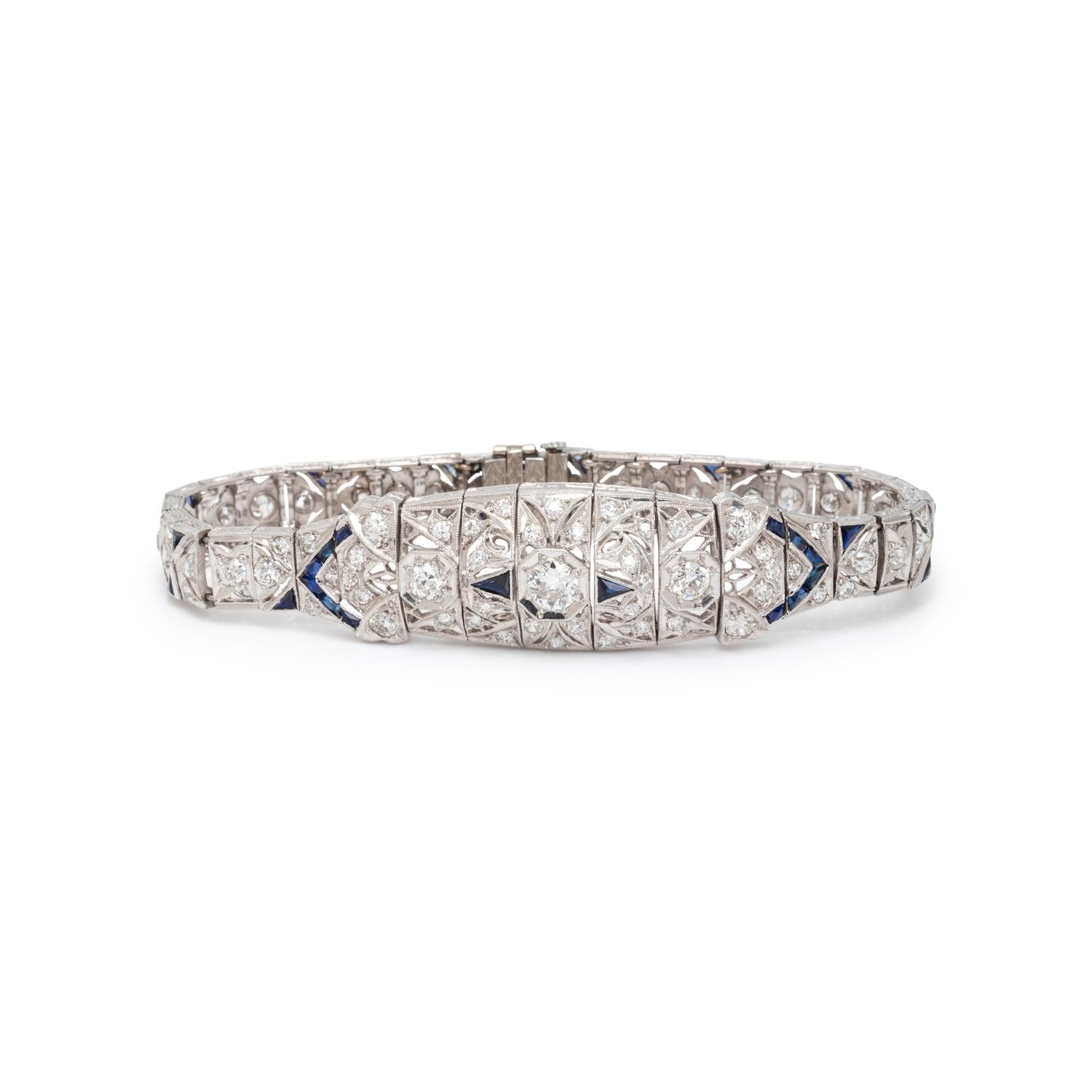 ART DECO, PLATINUM, DIAMOND, AND SYNTHETIC SAPPHIRE BRACELET