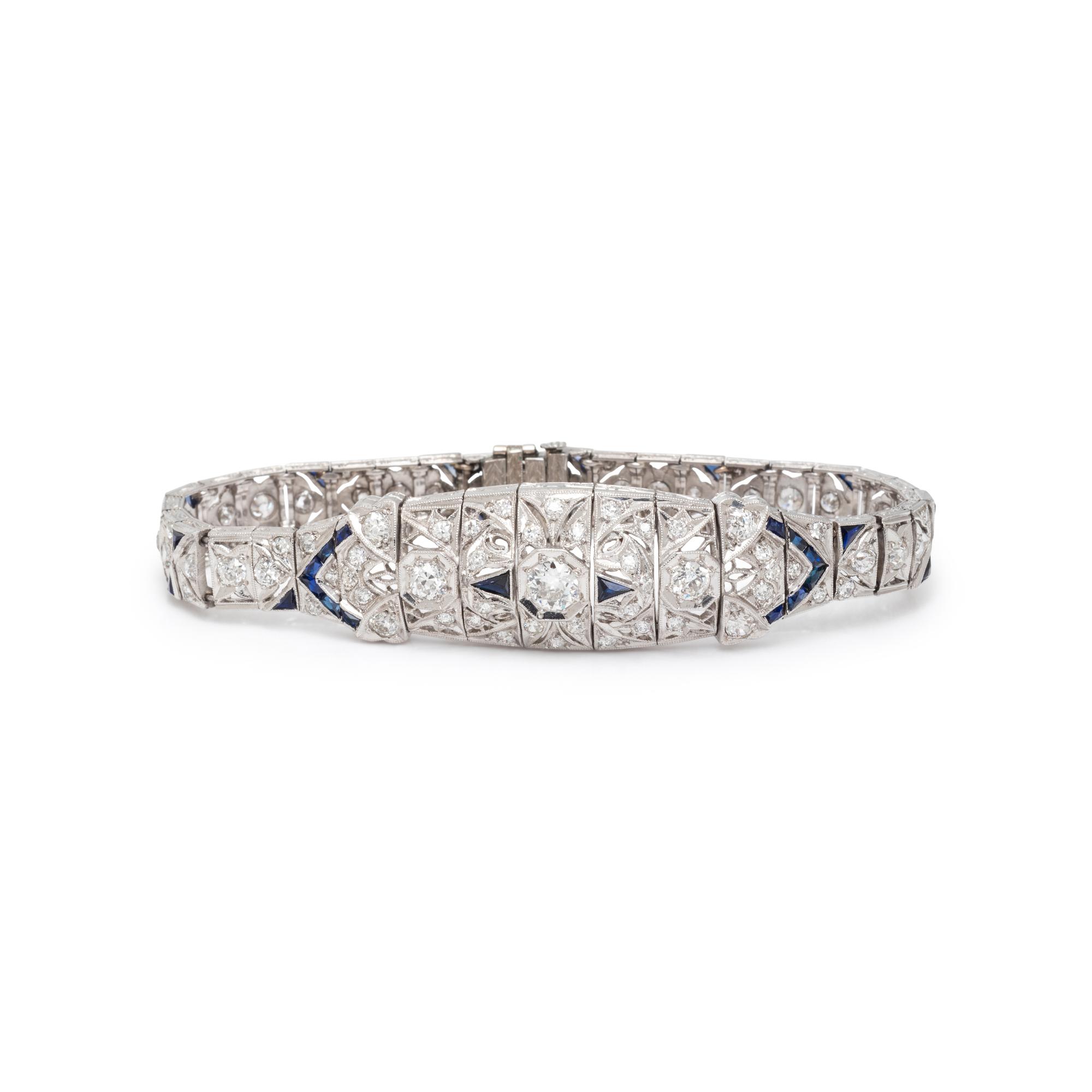ART DECO, PLATINUM, DIAMOND, AND SYNTHETIC SAPPHIRE BRACELET