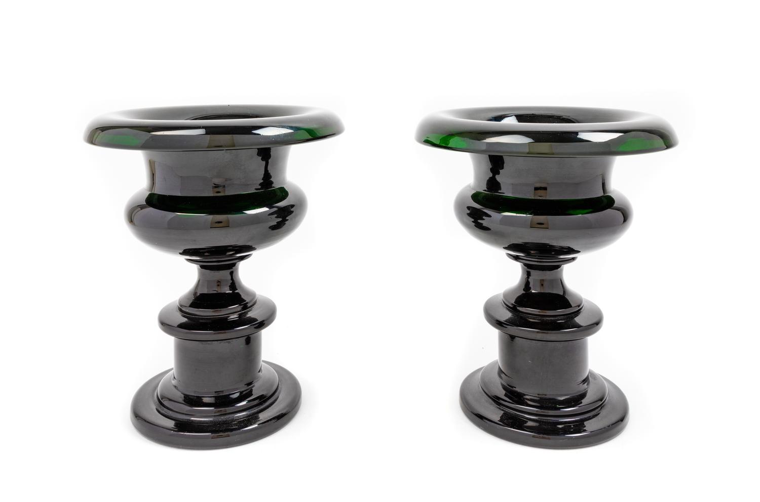 A Pair of Continental Green Glass Jardinieres