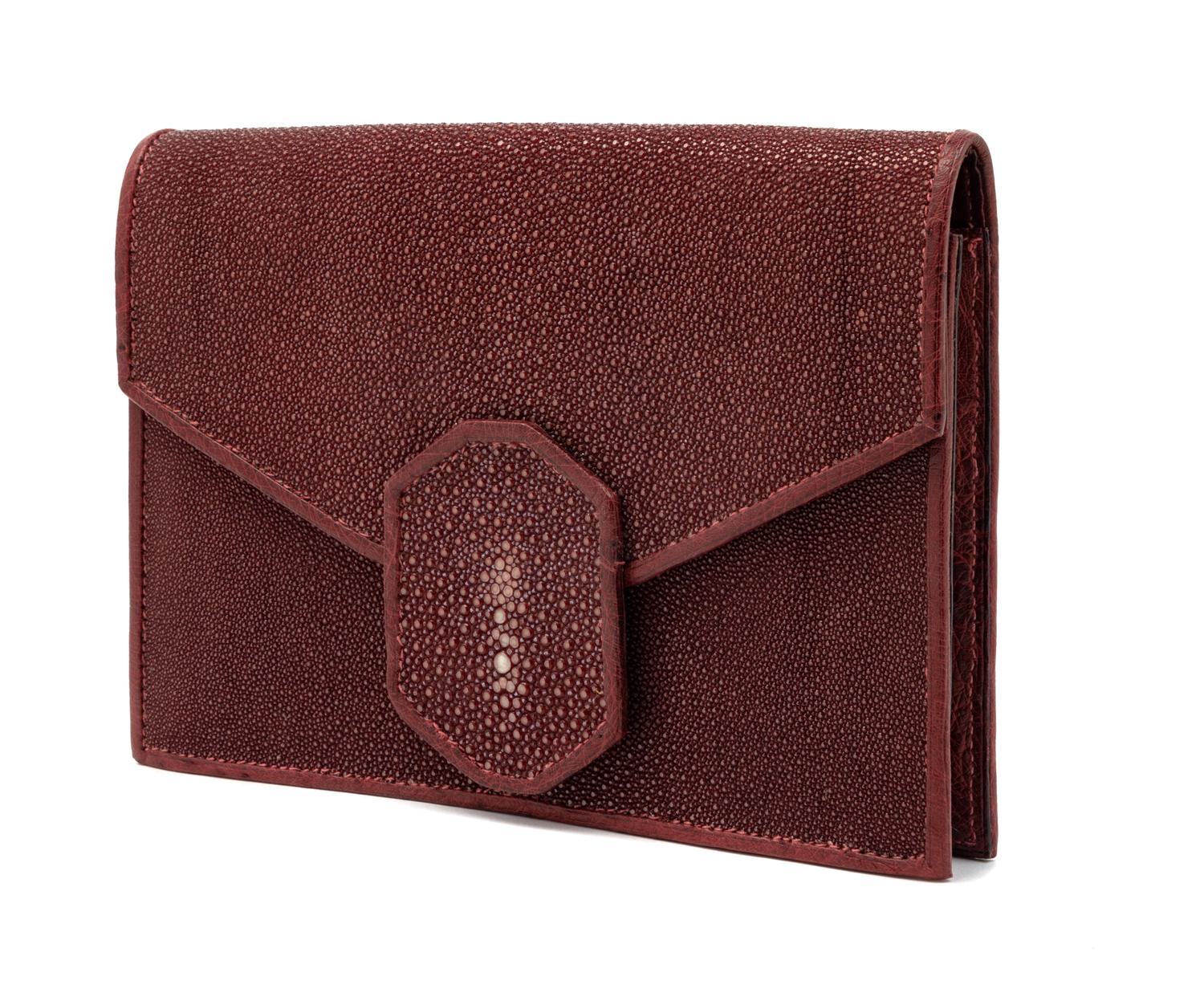 J.P. Renard Maroon Shagreen & Ostrich Clutch, 1980-90s
