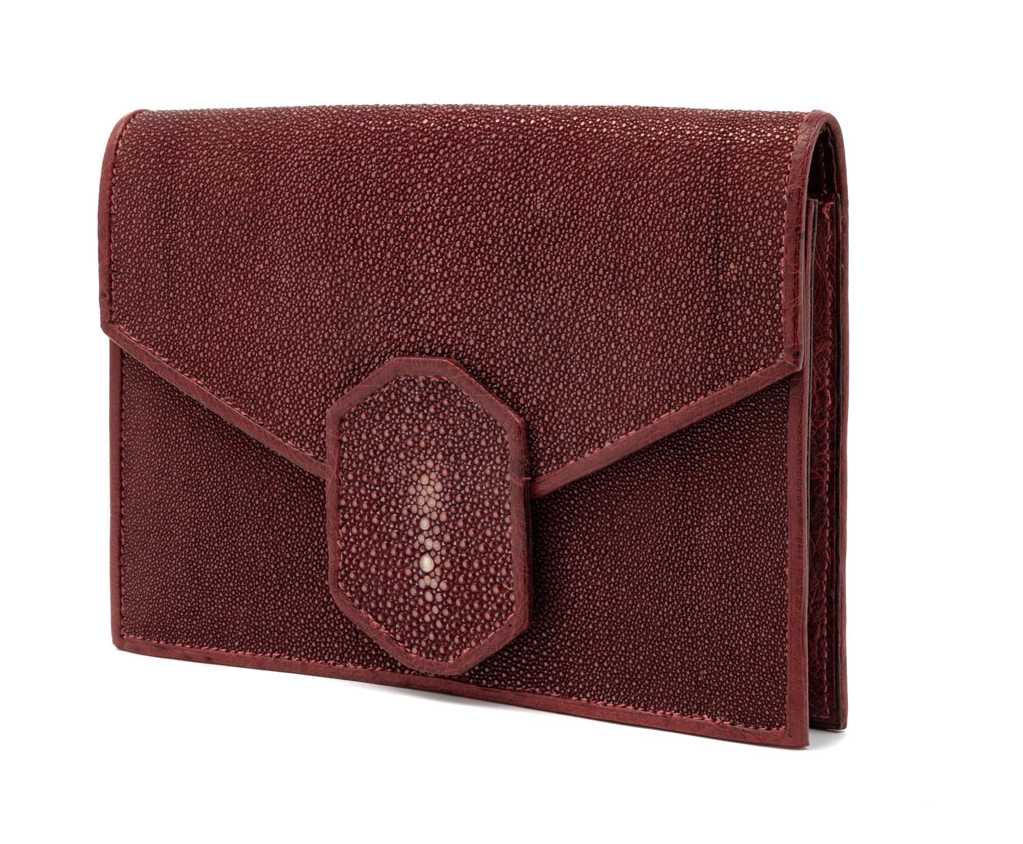 J.P. Renard Maroon Shagreen & Ostrich Clutch, 1980-90s