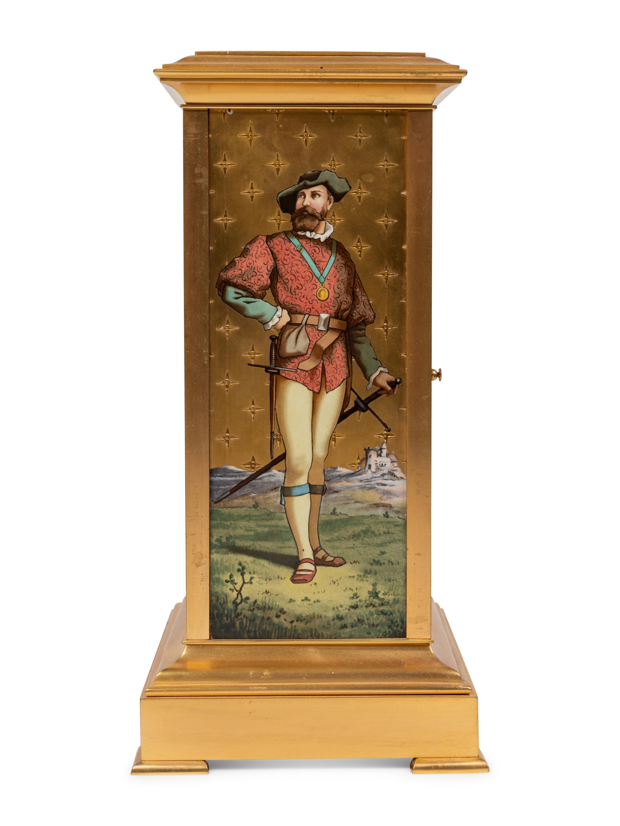 A French Porcelain Inset Gilt Metal Mantel Clock
