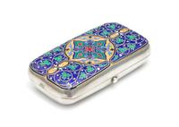 A Russian Enameled Silver Cigarette Case, Maria Adler, Moscow, Late 19th Century, the lid having a polychrome enameled central medallio