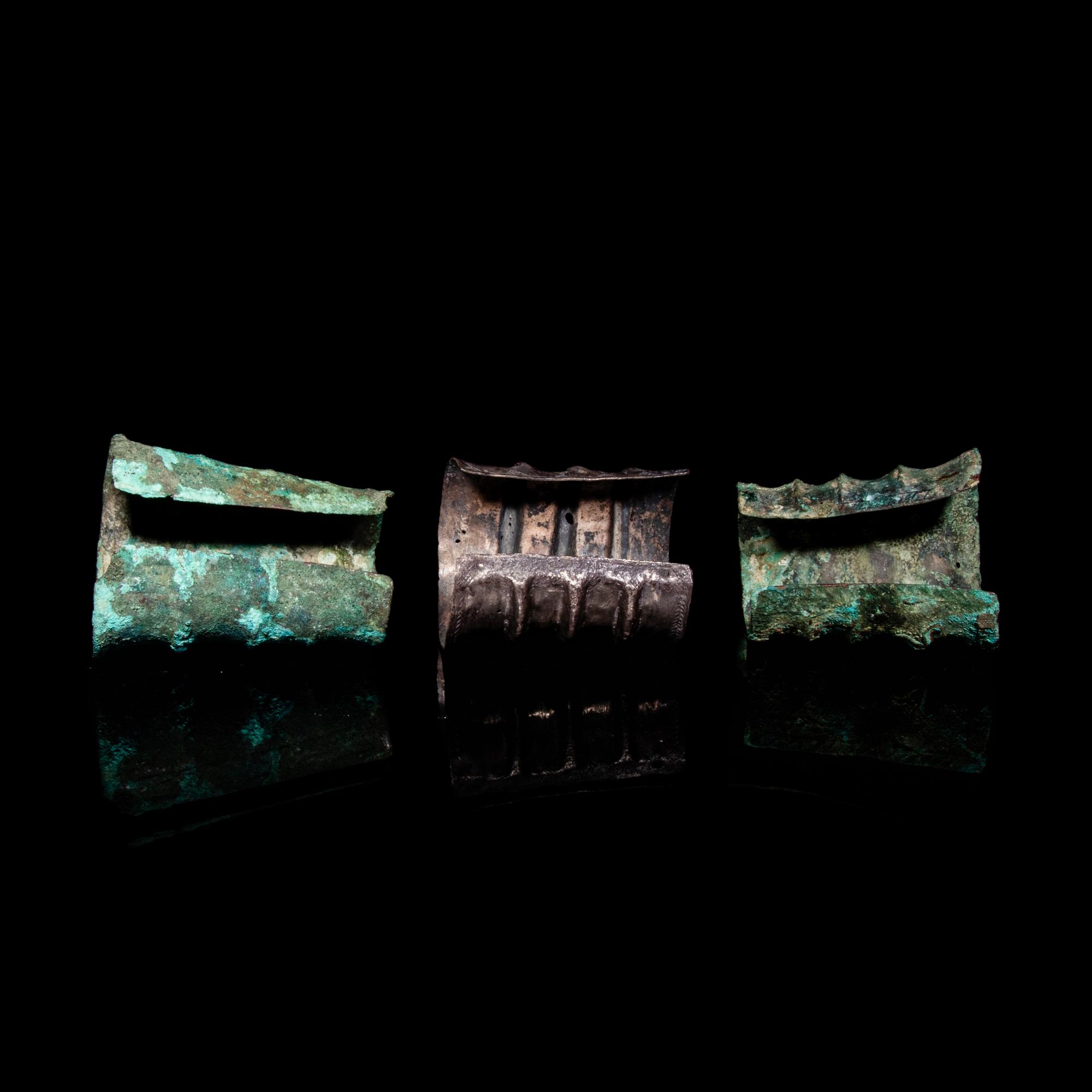Three Chinese Silver and Bronze Wrist Guard Bracelets, Northeast China, Xianbei Tribe, Han Dynasty 汉 鮮卑银、青铜護臂三只