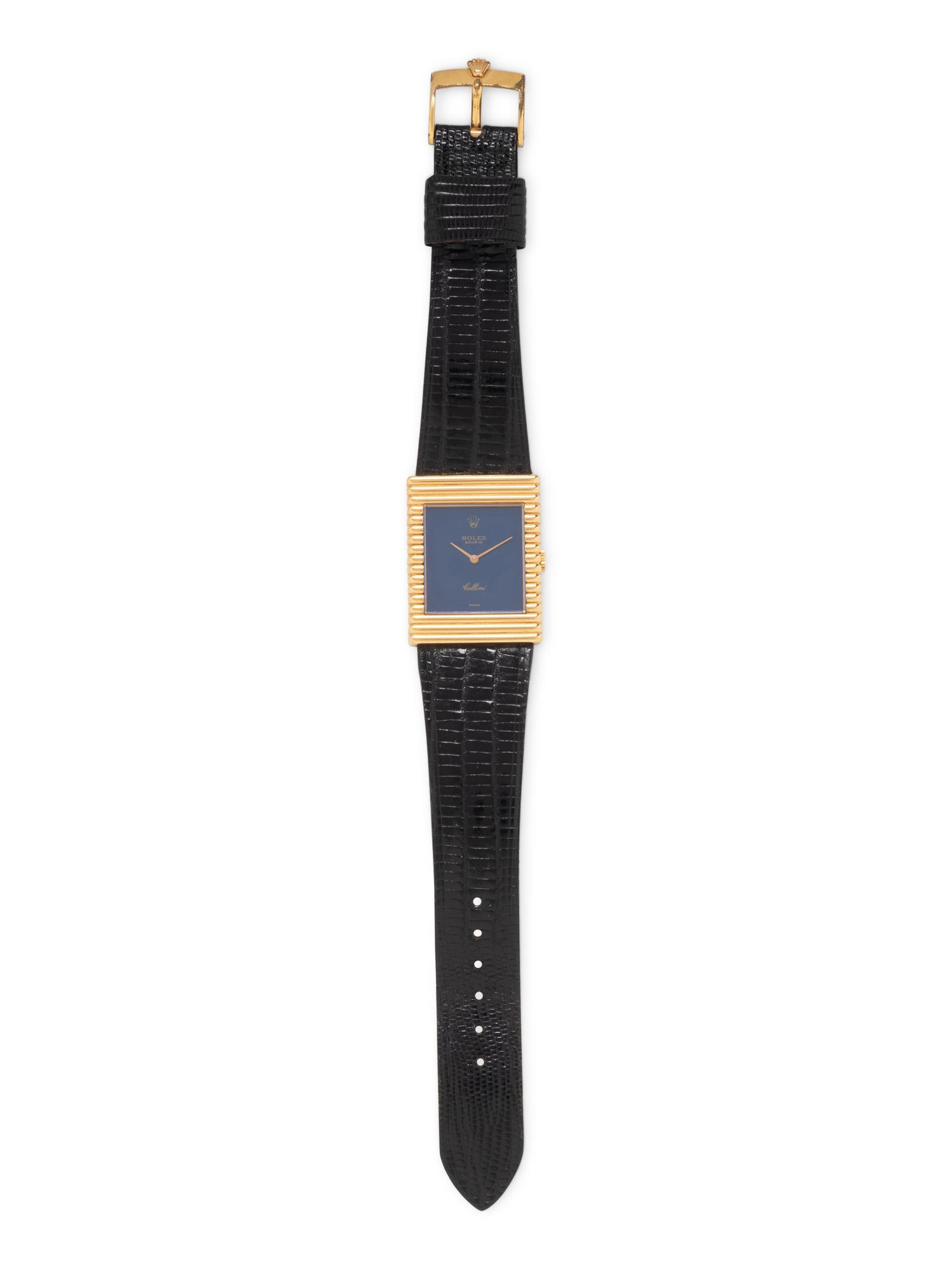 ROLEX, 18K YELLOW GOLD 'CELLINI' BLUE DIAL WATCH