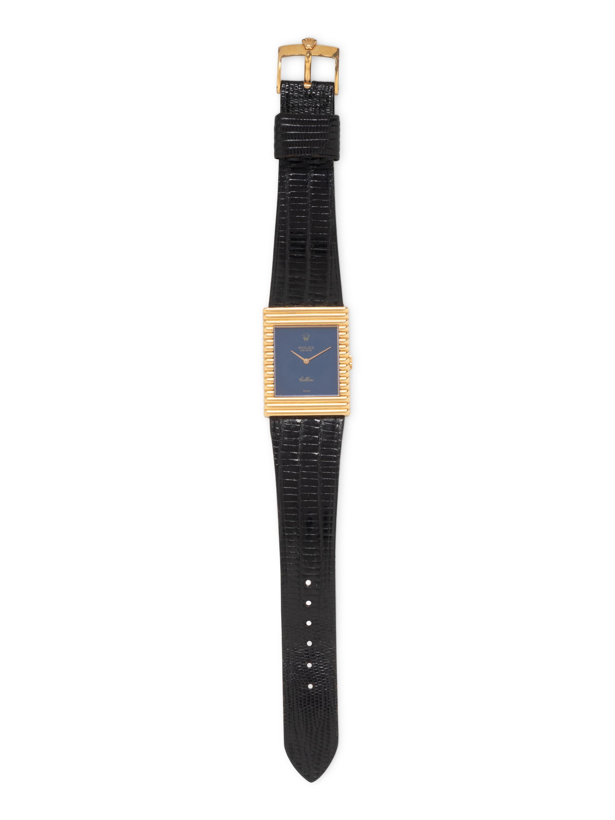 ROLEX, 18K YELLOW GOLD 'CELLINI' BLUE DIAL WATCH