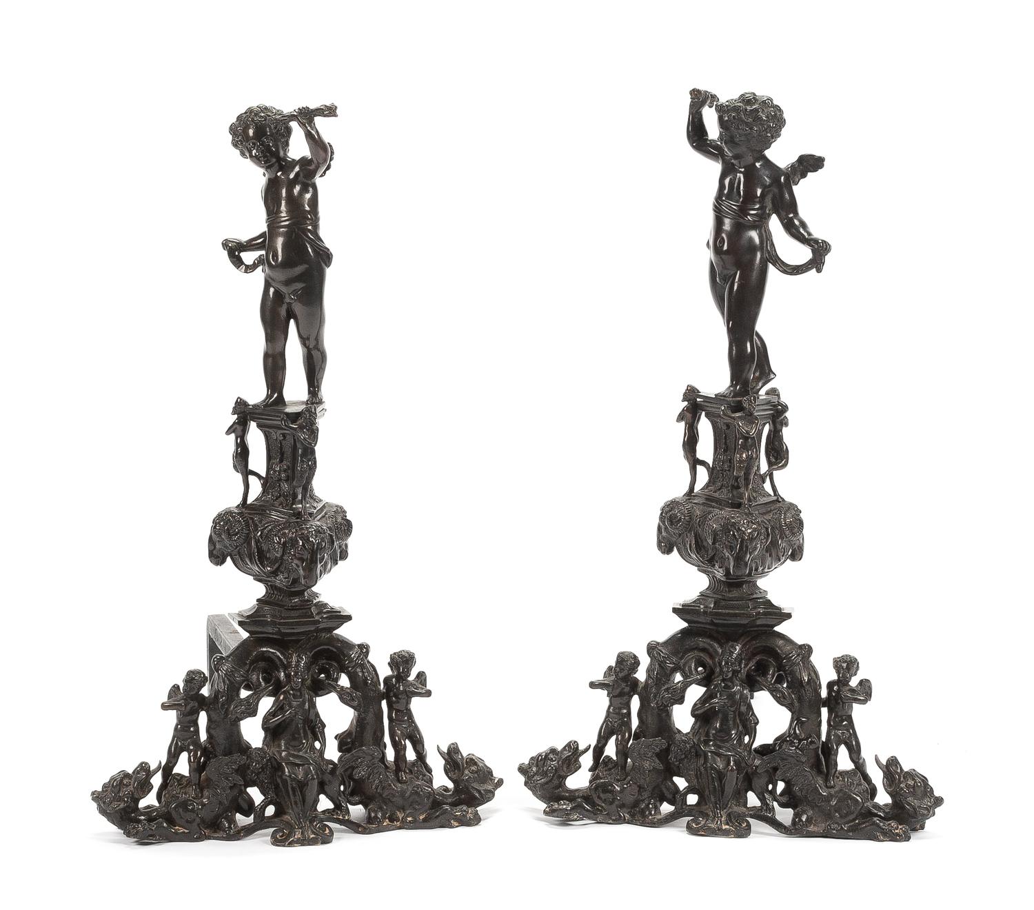 A Pair of Renaissance Revival Patinated Bronze Chenets Height 35 inches. — LATE 19TH/EARLY 20TH CENTURY
