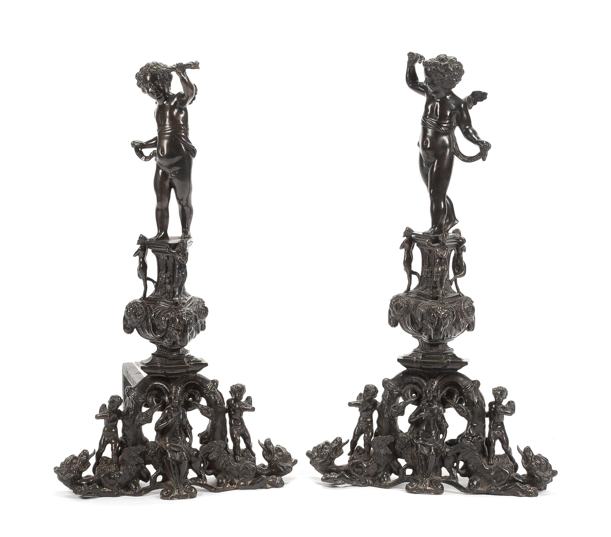 A Pair of Renaissance Revival Patinated Bronze Chenets Height 35 inches. — LATE 19TH/EARLY 20TH CENTURY