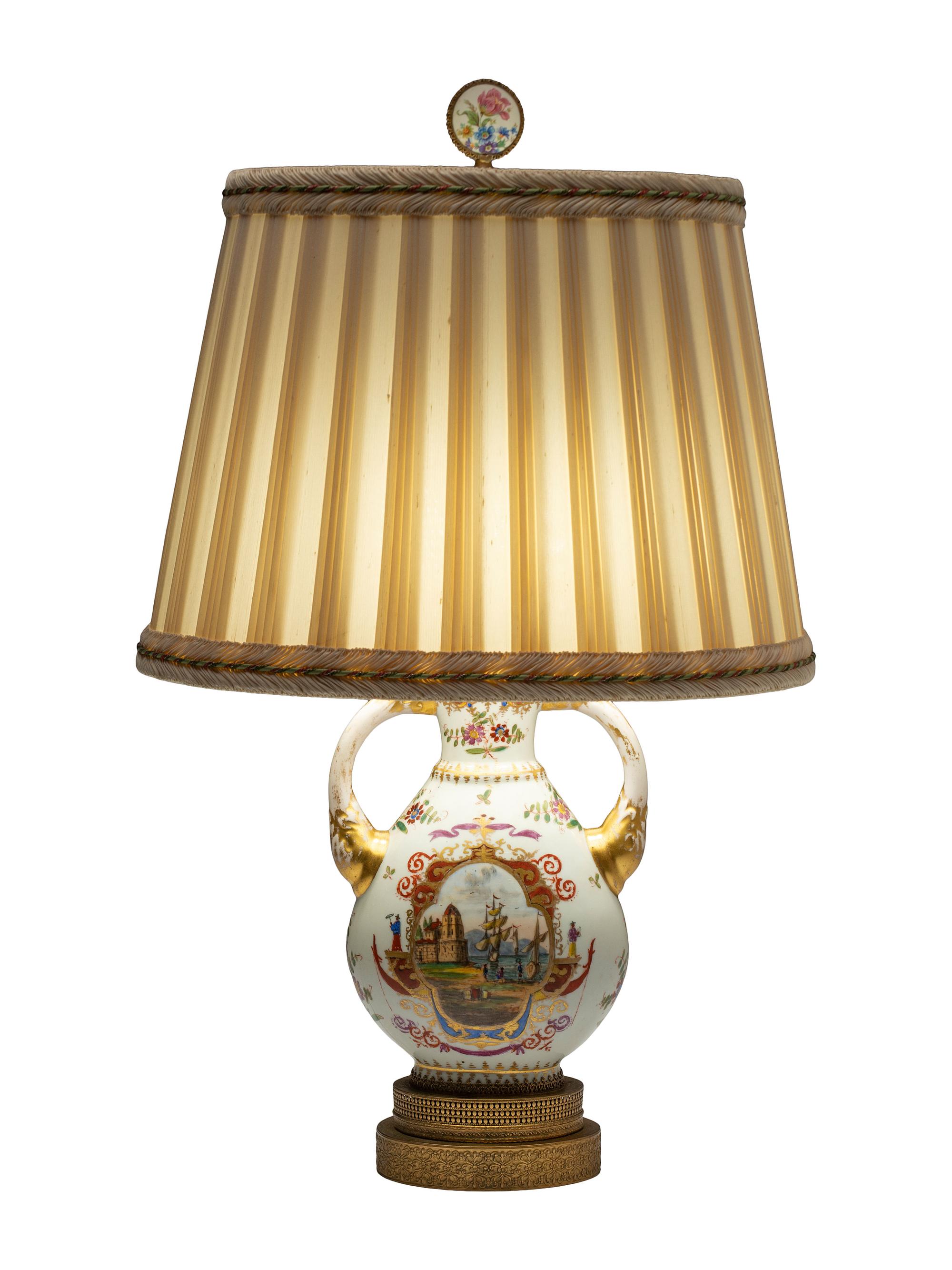 A Continental Porcelain Urn Mounted as a Lamp