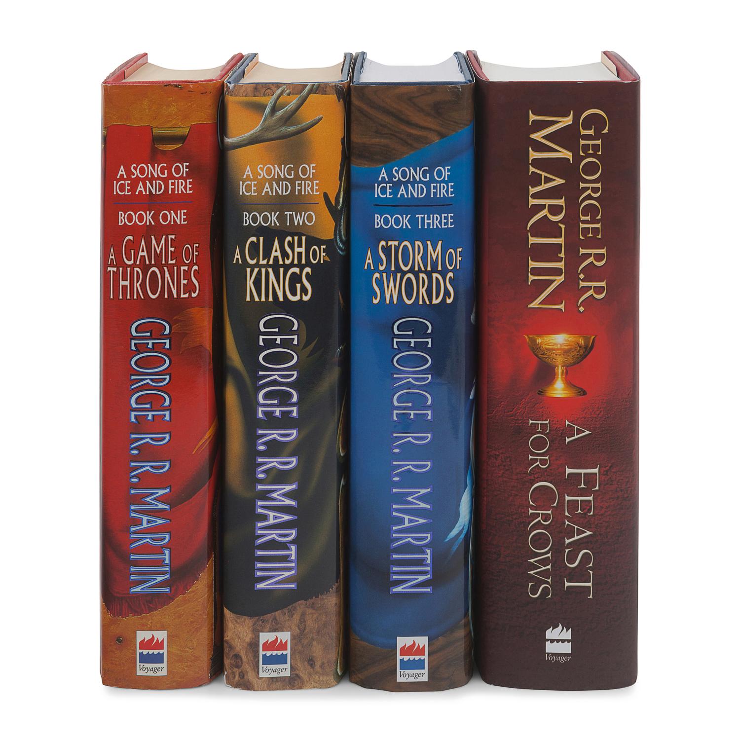 MARTIN, George R. R. (b. 1948). [A Song of Ice and Fire series:] A Game of Thrones -- A Clash of Kings -- A Storm of Swords -- A Feast for Crows . London: Voyager, Harper Collins, 1996, 1998, 2000, 2005.