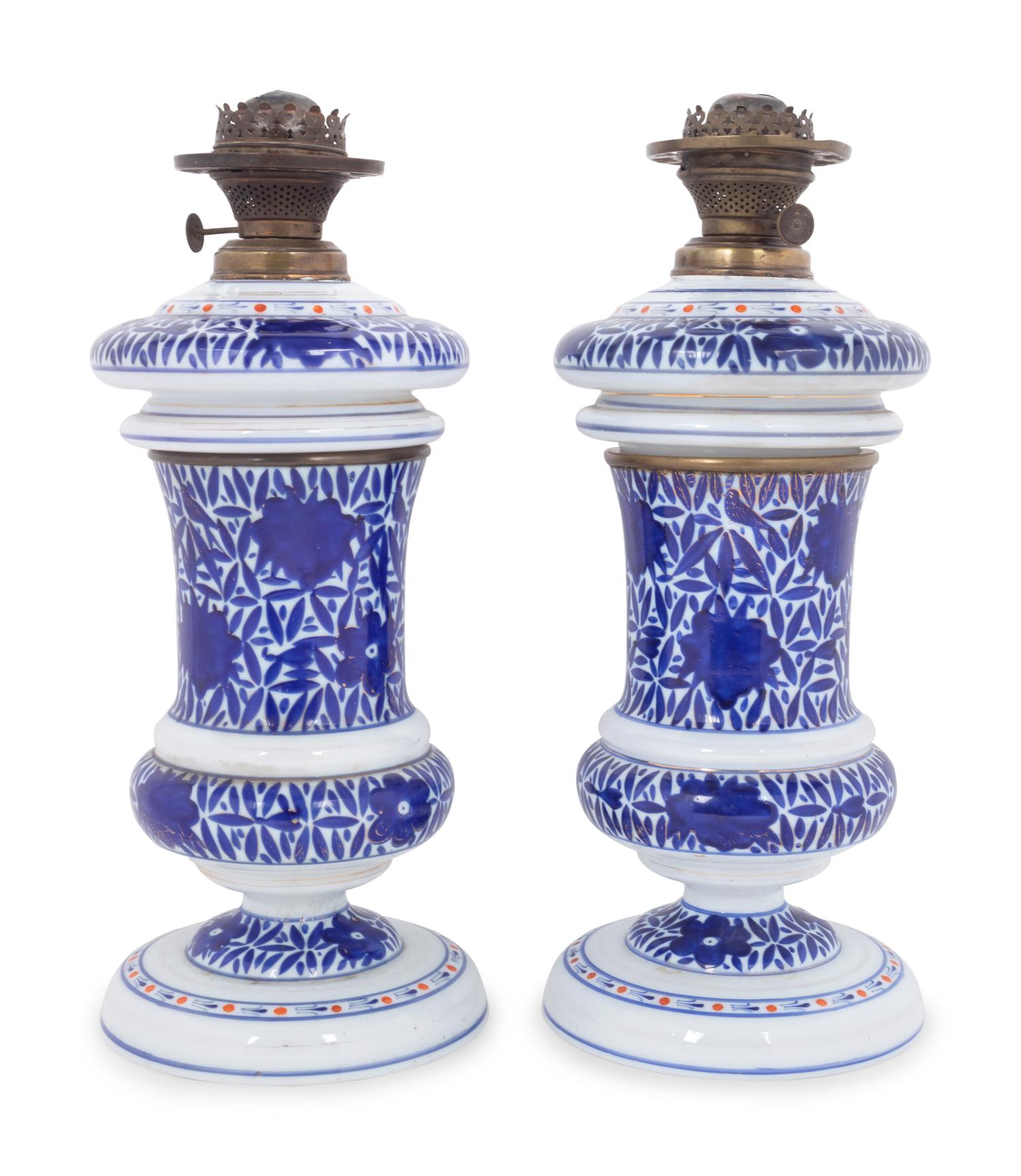 A Pair of Persian Market Opaline Glass Oil Lamps