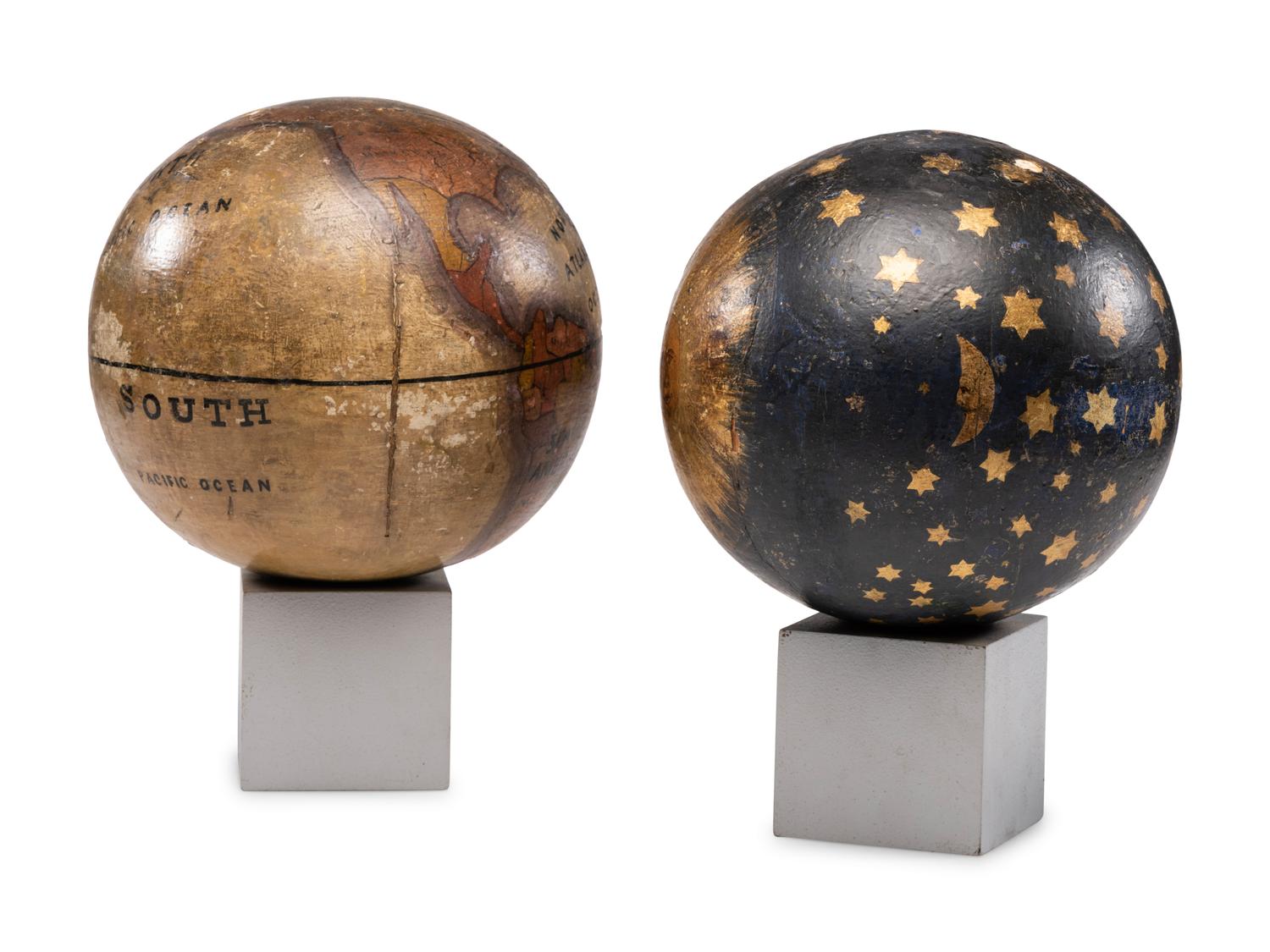 A Pair of Painted Wood Masonic Terrestrial and Celestial Globes on Stands