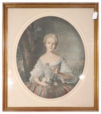 A Color Print of 18th Century French Lady Image area Height 19 1/4 x width 16 1/4 inches.