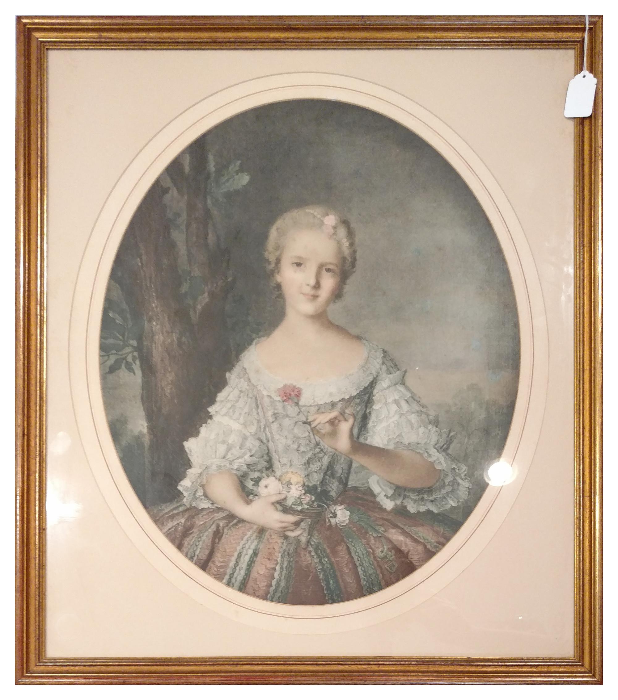 A Color Print of 18th Century French Lady Image area Height 19 1/4 x width 16 1/4 inches.