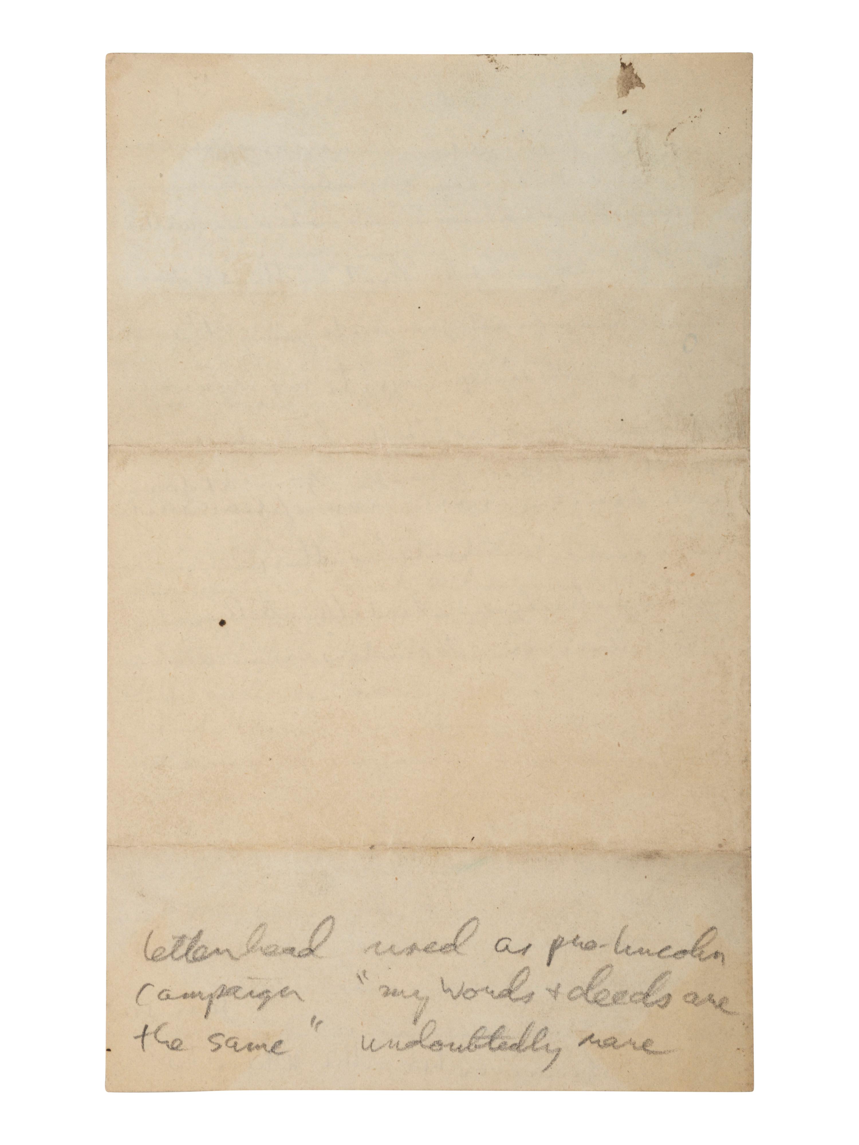 [LINCOLN, Abraham]. ALS from Springfield, IL, describing a Wide Awake procession. 8 June 1860.