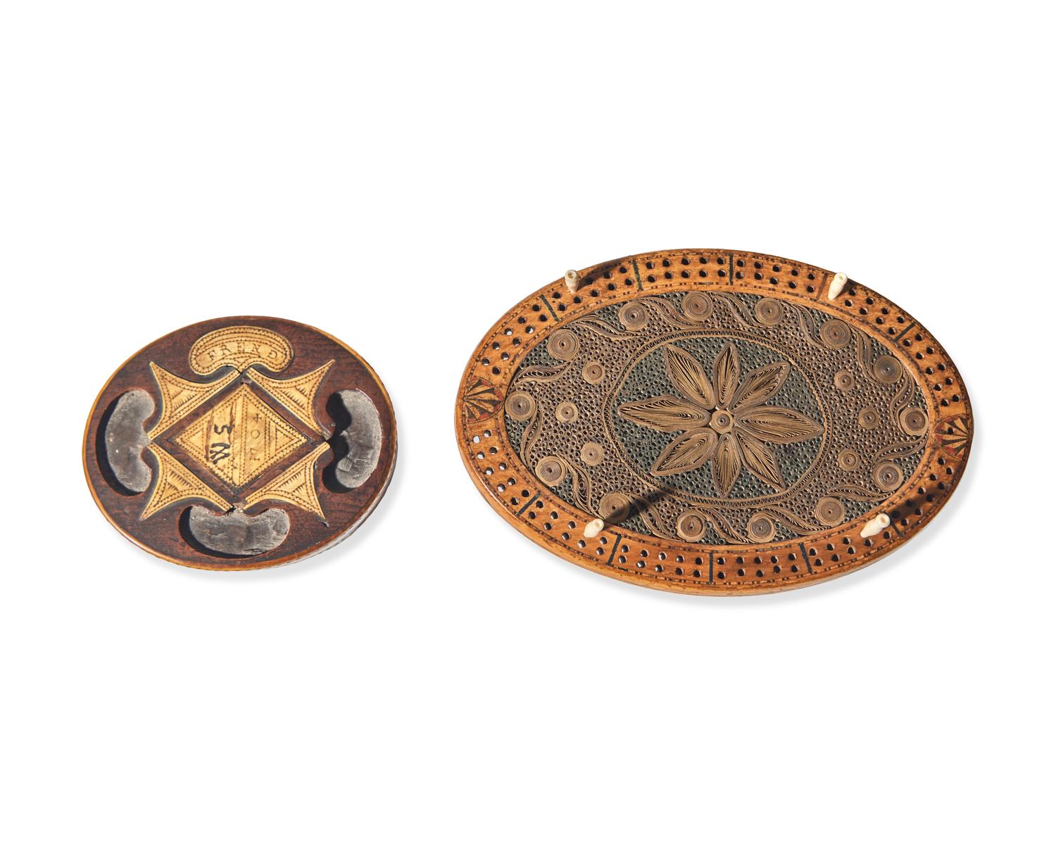 A Framed Quill Work Picture and a Quill Work and Inlaid Wood Cribbage Board, England, 18th Century