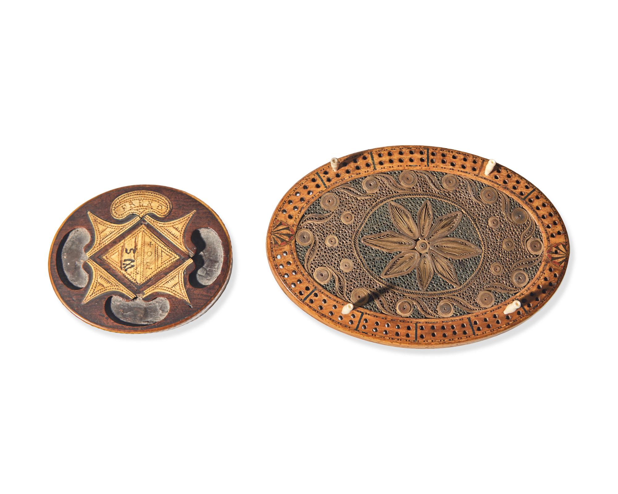 A Framed Quill Work Picture and a Quill Work and Inlaid Wood Cribbage Board, England, 18th Century