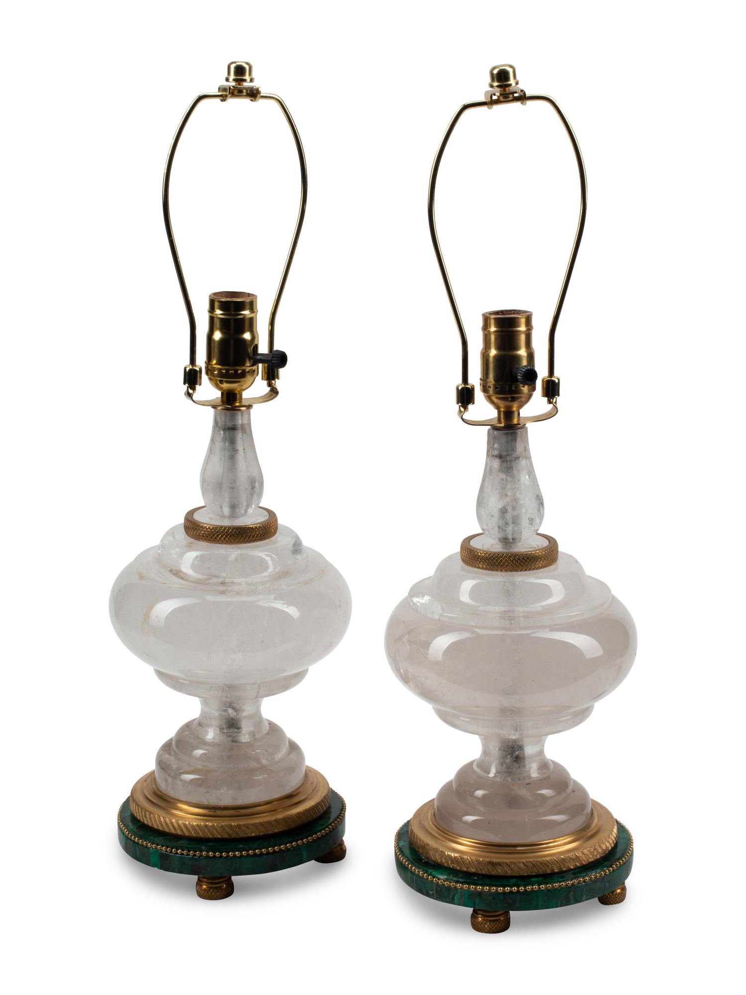 A Pair of Rock Crystal and Malachite Table Lamps