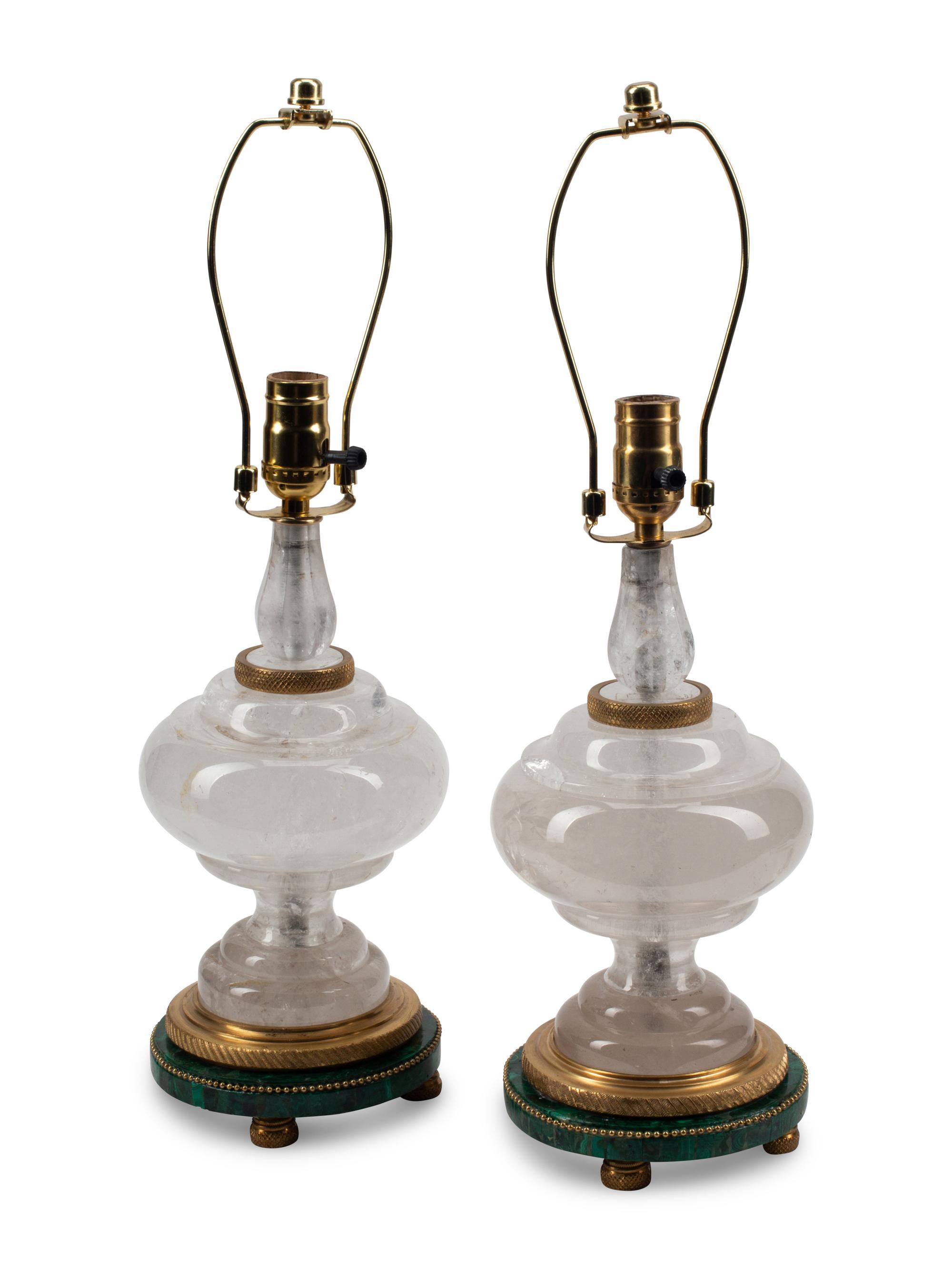 A Pair of Rock Crystal and Malachite Table Lamps