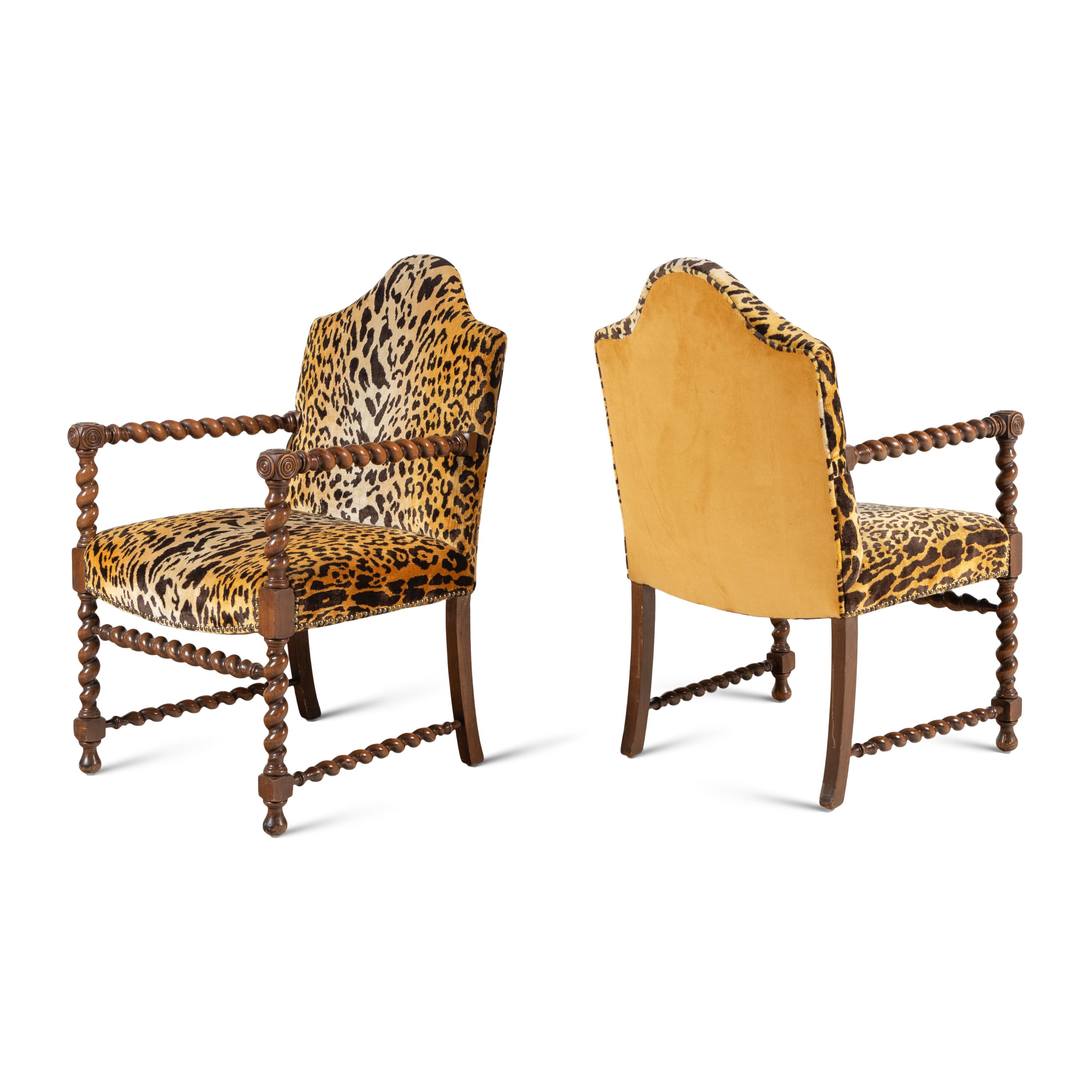 A Pair of English Turned Walnut Armchairs with Cheetah Velvet Upholstery