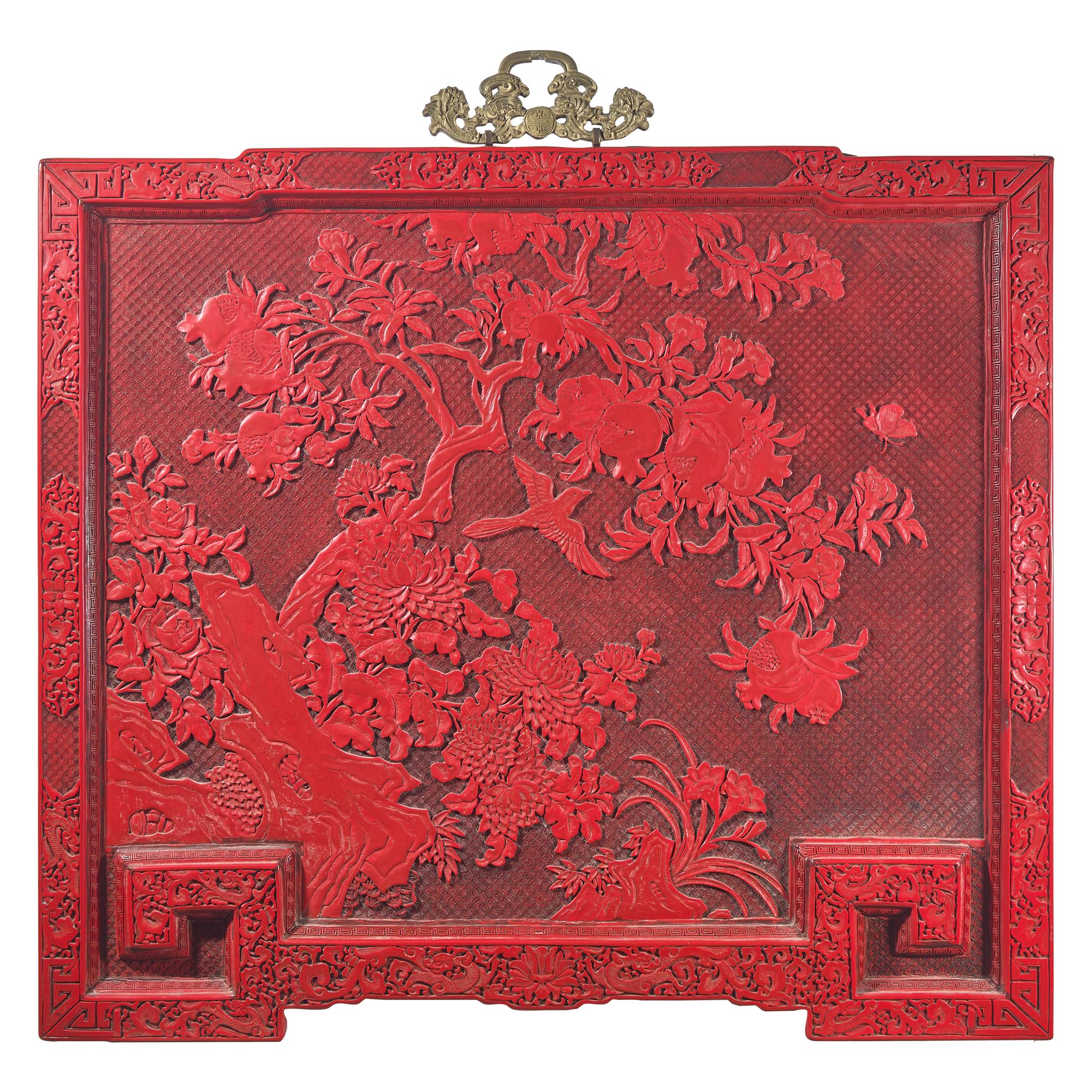 A Large Chinese Carved Cinnabar Lacquer Panel, 20th Century 近代 雕漆玉堂富貴圖挂屏