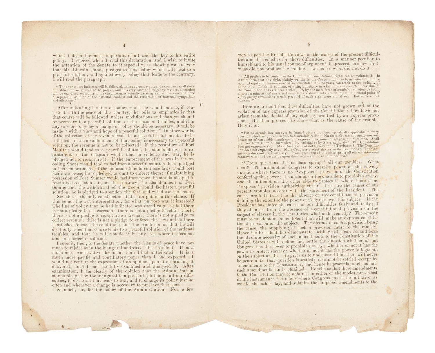 [1861 INAUGURAL ADDRESS]. DOUGLAS, Stephen A. (1813-1861). Remarks of Hon. Stephen A. Douglas, in the Senate of the United States, March 6, 1861, on the Resolution of Mr. Dixon to Print the Inaugural Address of President Lincoln . [Washington, D.C., 1861].