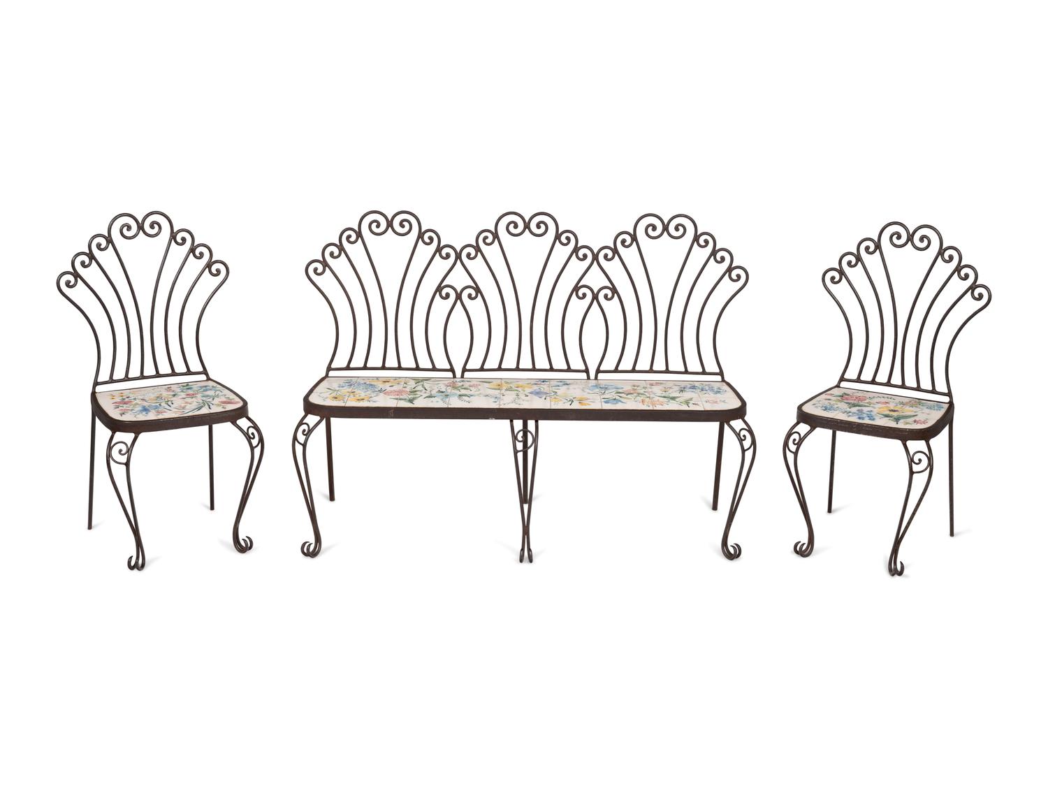 A Wrought Iron and Tile Bench and Pair of Chairs