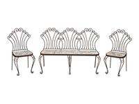 A Wrought Iron and Tile Bench and Pair of Chairs