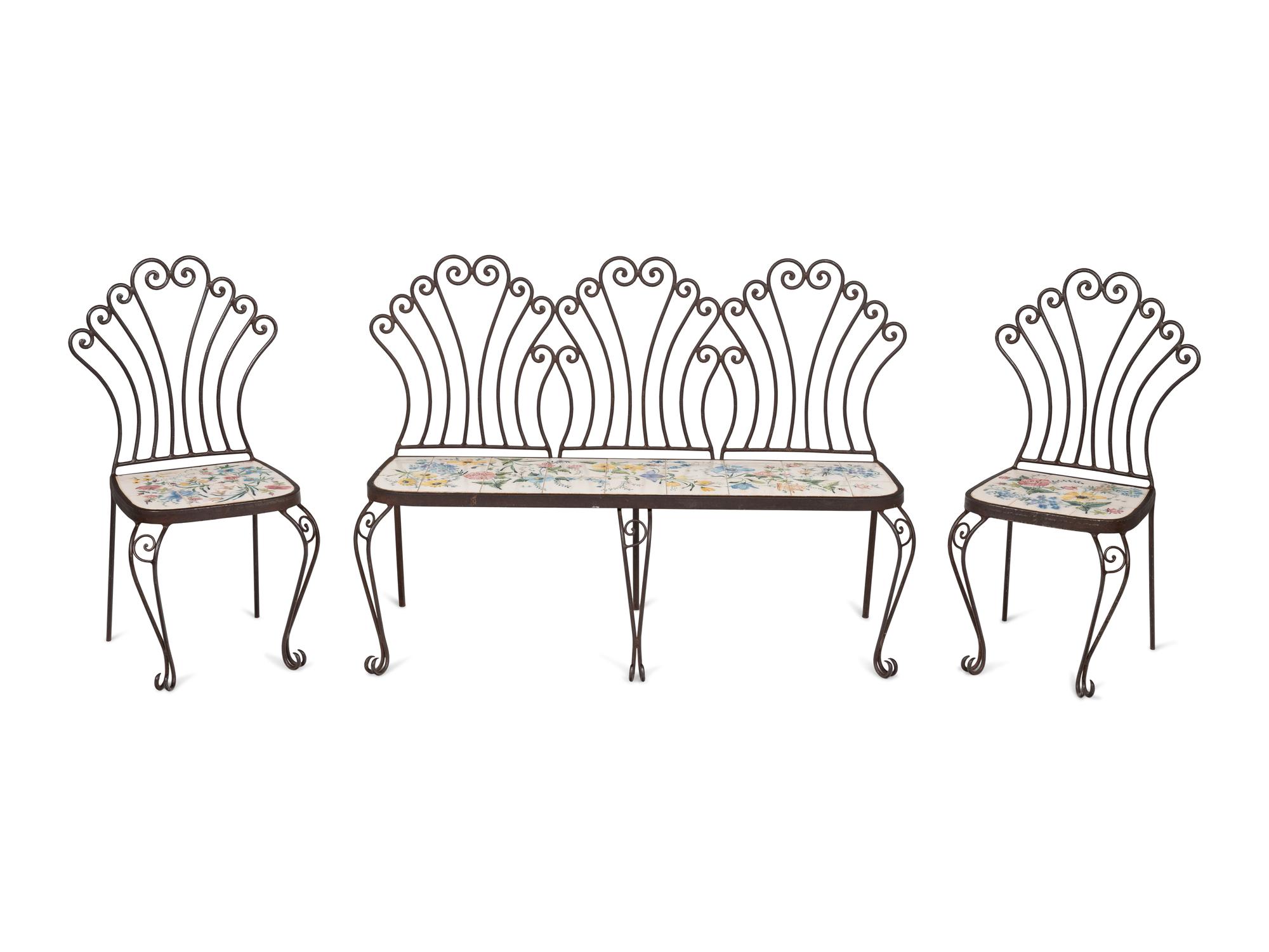 A Wrought Iron and Tile Bench and Pair of Chairs