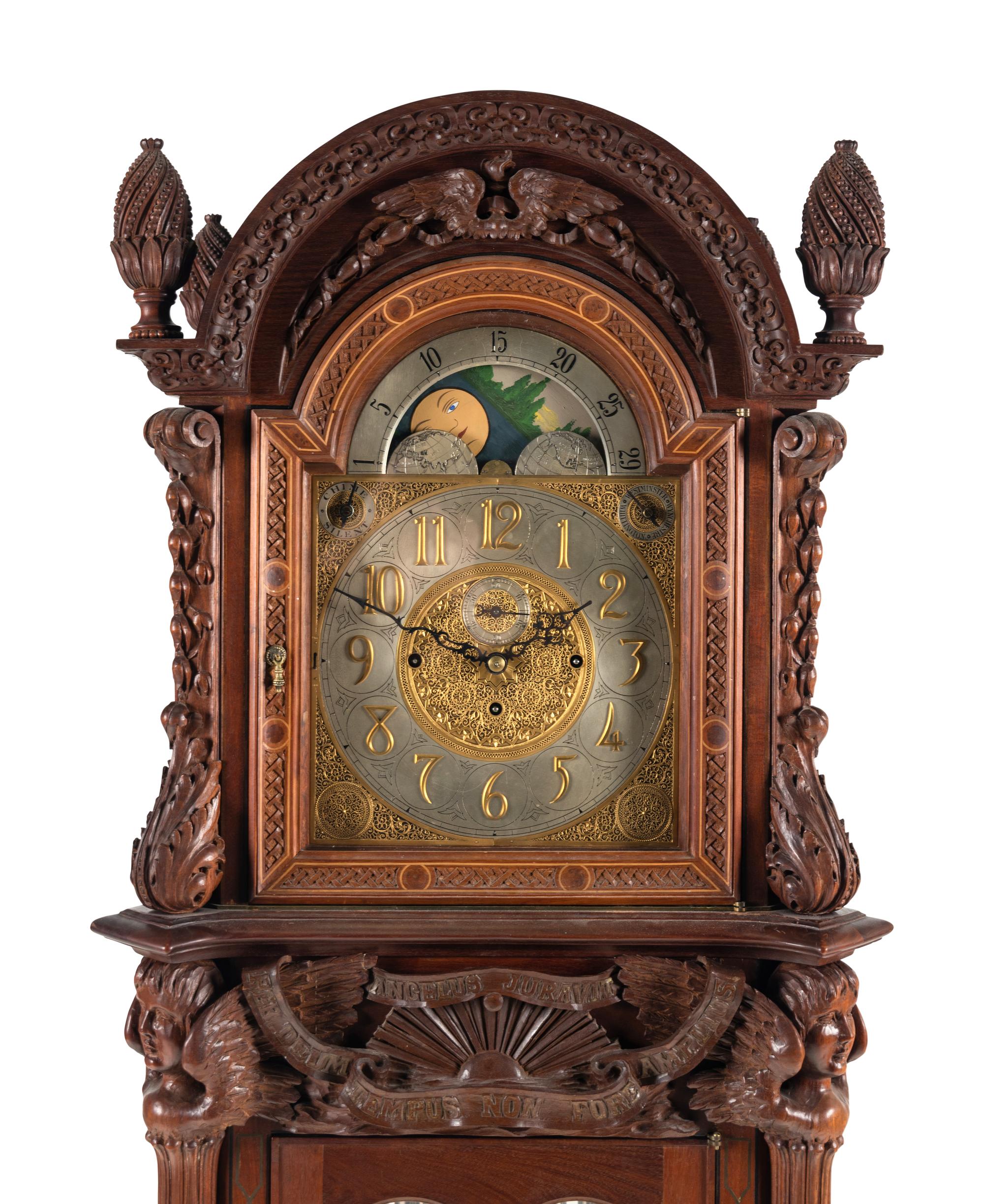 A Renaissance Revival Carved Mahogany Tube-Striking Tall Case Clock